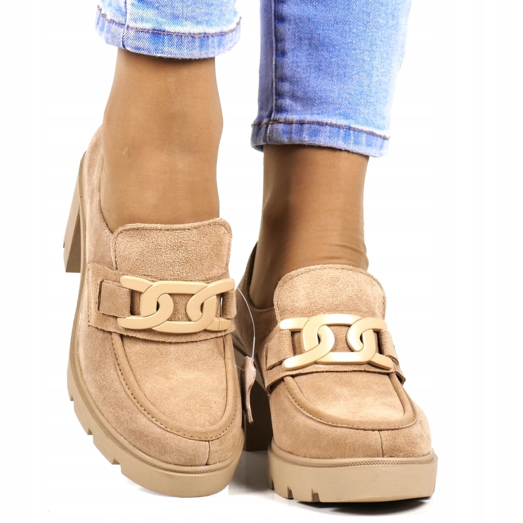 iButy PÓŁBUTY SKÓRZANE MOKASYNY NA SŁUPKU OBCASIE BEŻOWE Z ŁAŃCUCHEM NEW Marka inna