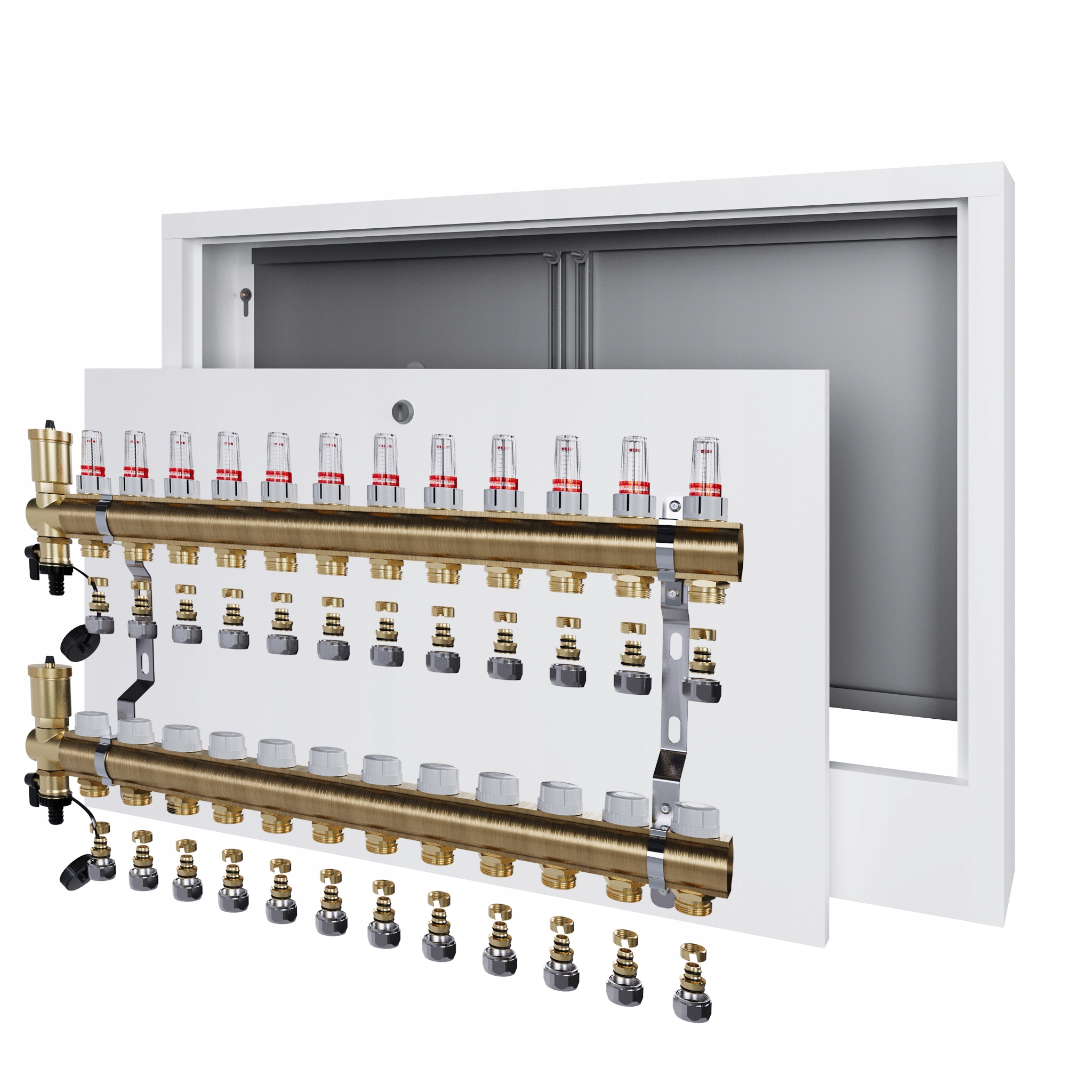 Rozdělovač pro podlahovou krytinu s 12 podlahovými topeními a nástěnným boxem Pex