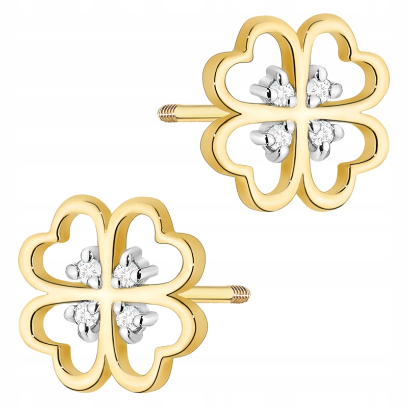 Złote Kolczyki pr. 585 14k Koniczynki z Brylantami 0,04ct Sztyft Pudełko