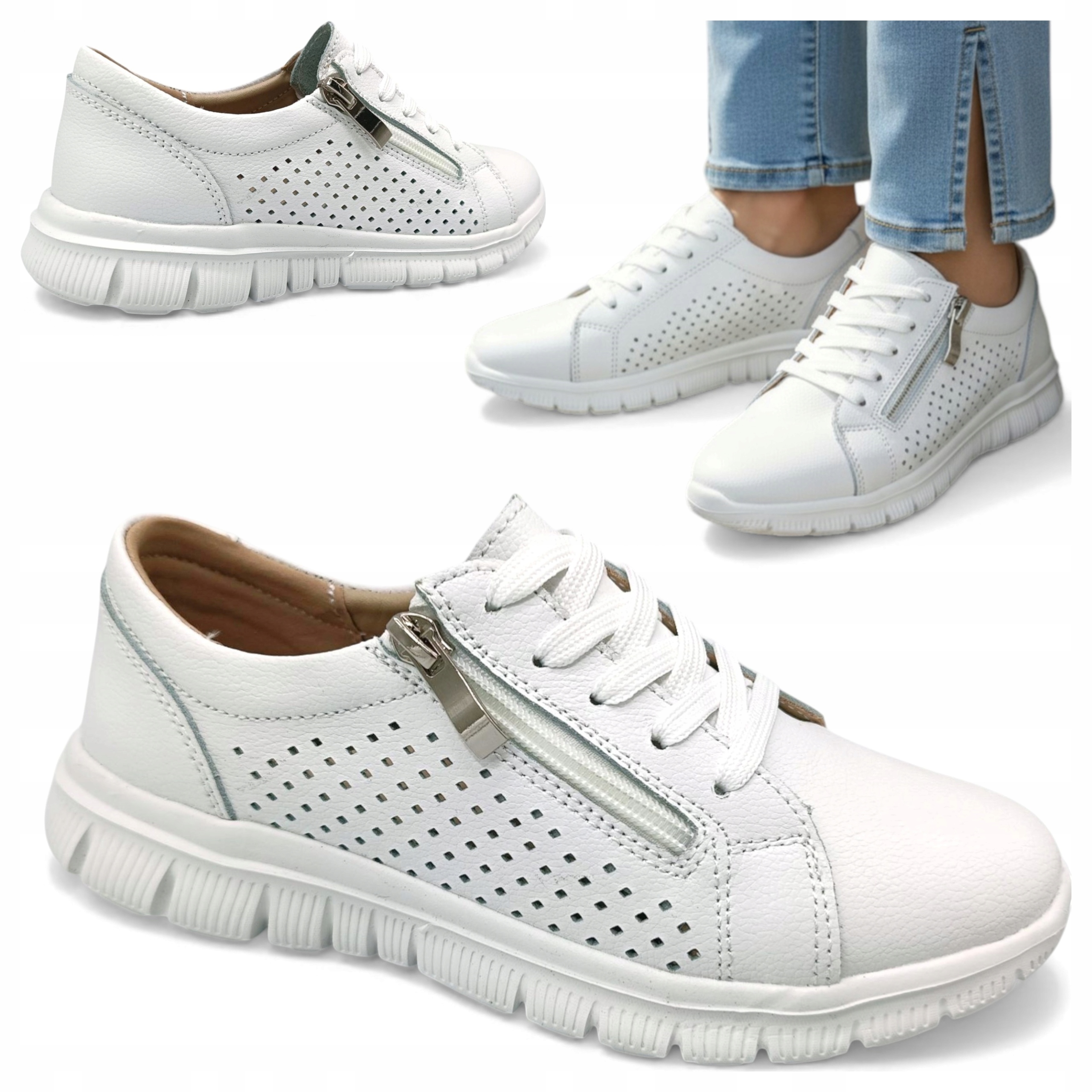 Sneakersy Damskie Skórzane 38 Wiązane Półbuty Ażurowe Lekkie Letnie Evento