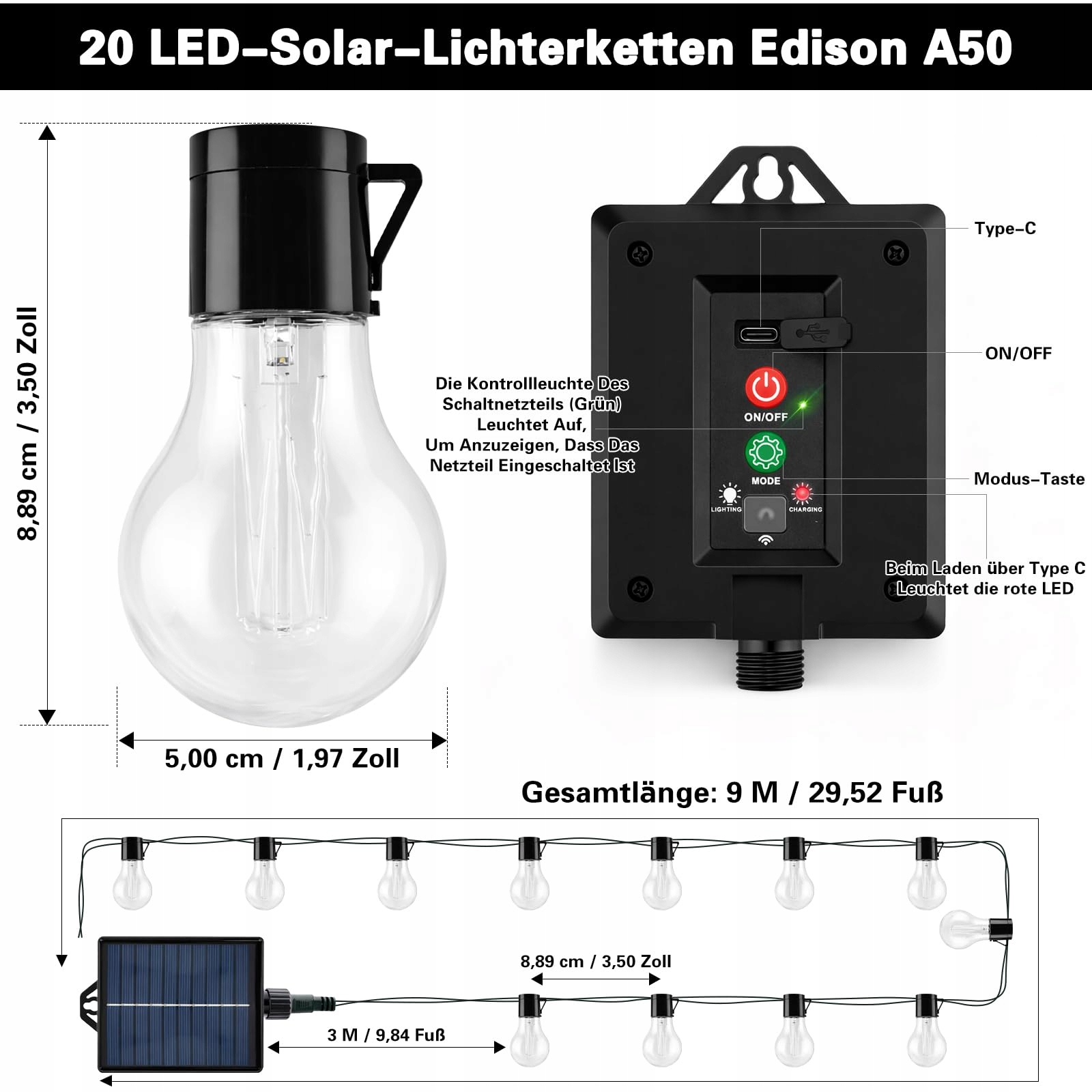 Solarna Girlanda Zewnętrzna 20 LED 9M Oświetlenie Balkon Ogród Taras — miniatura 2