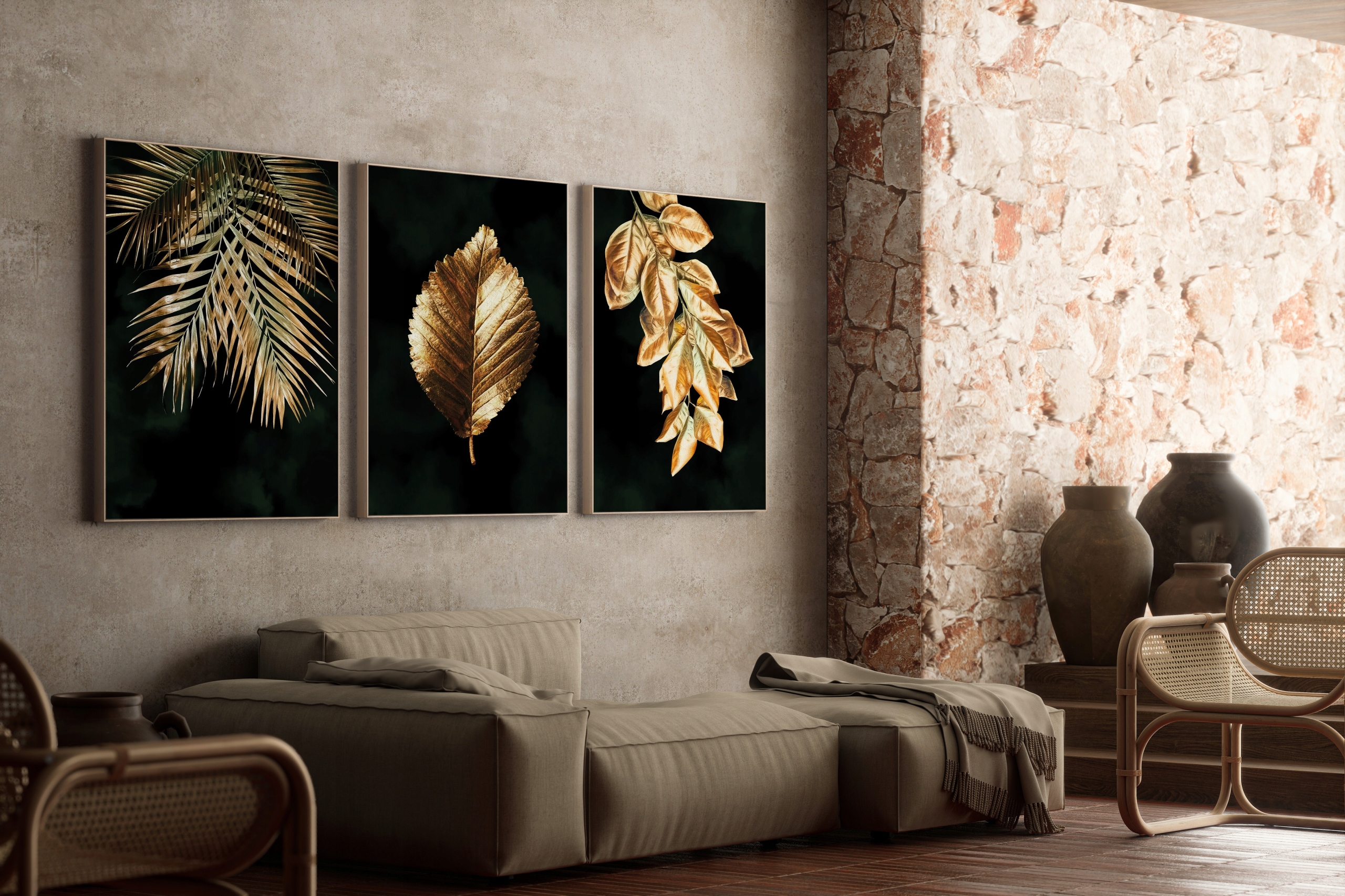 OBRAZ NA PŁÓTNIE 3 szt GLAMOUR ZŁOTE LIŚCIE OBRAZY DO SYPIALNI KUCHNI ZŁOTO Format poziomy
