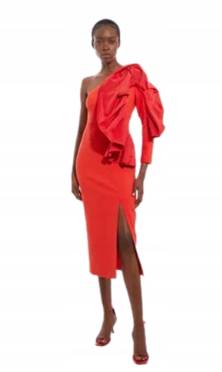 Karen Millen Červená Šaty MIDI Na Jedno Rameno Pro Nízké 38 B1D