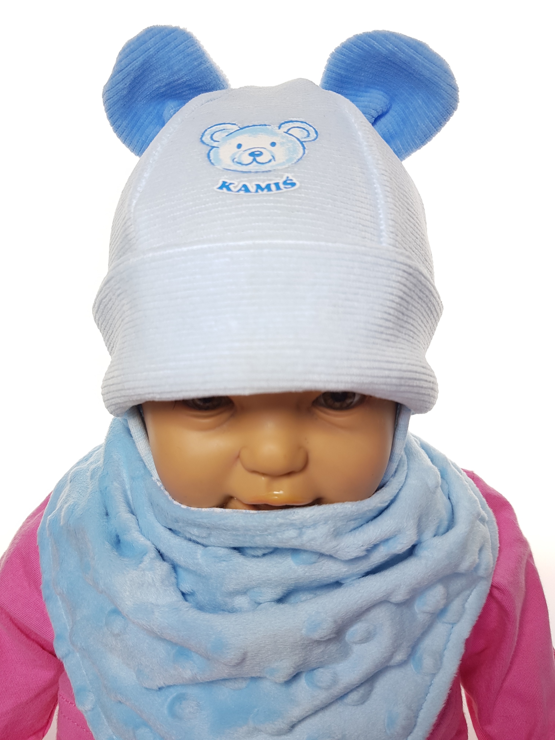 

Kpl Czapka Miś Welur + Chustka Minky 0-12MC 4WZORY