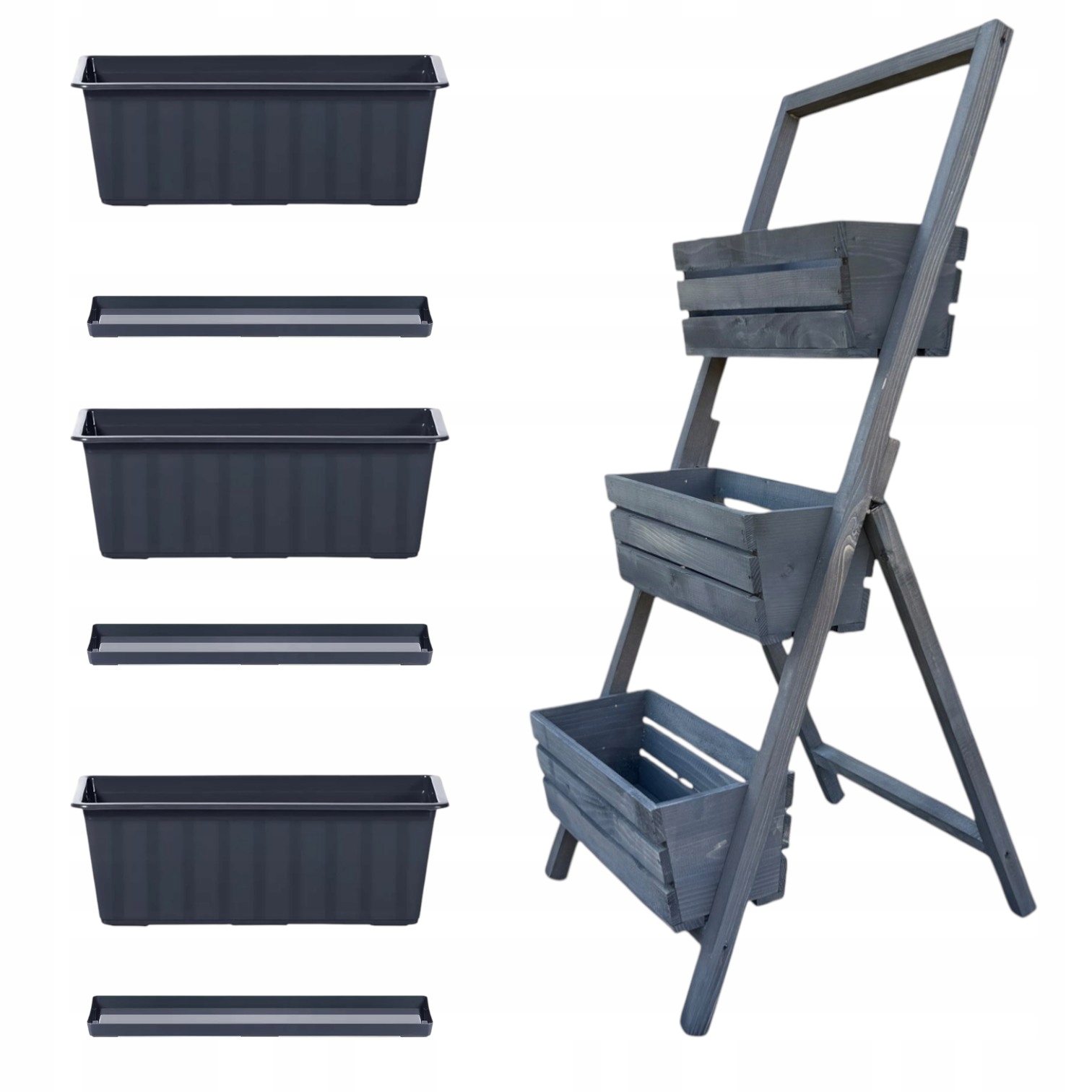 Držák Na Květináč Dřevěný rozkládací stojan na květiny 3 květináče podstavky šedý