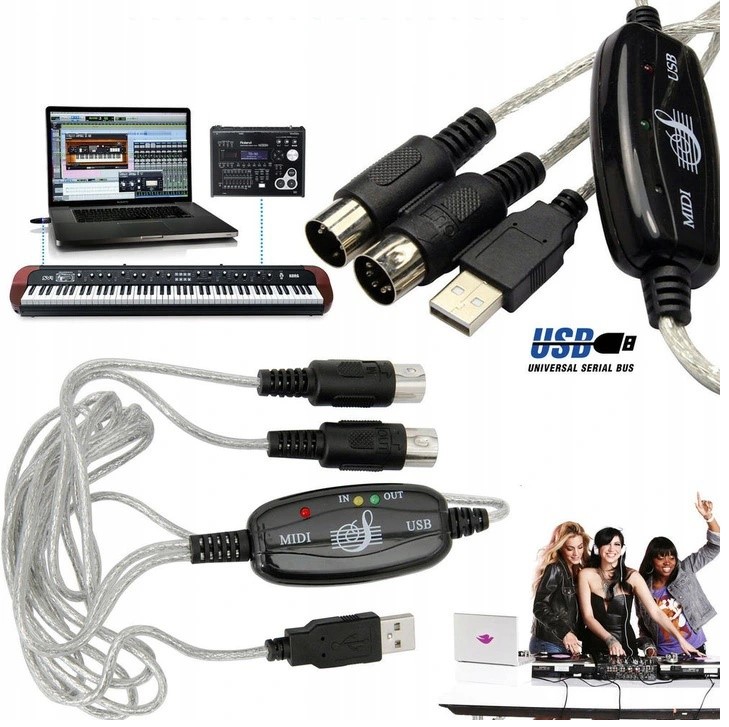 MIDI Interfejs Usb Dwustronny Kabel In Out Adapter Przewód 2M 16 Kanałów