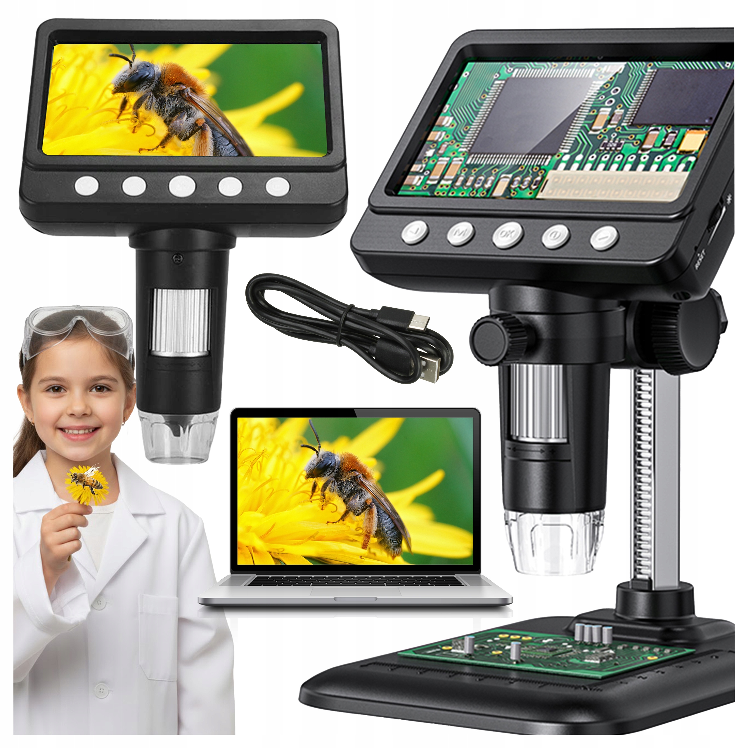 Vzdělávací Vědecký Mikroskop Přenosný microSD Foto Video Fhd 1000X Menu Pl