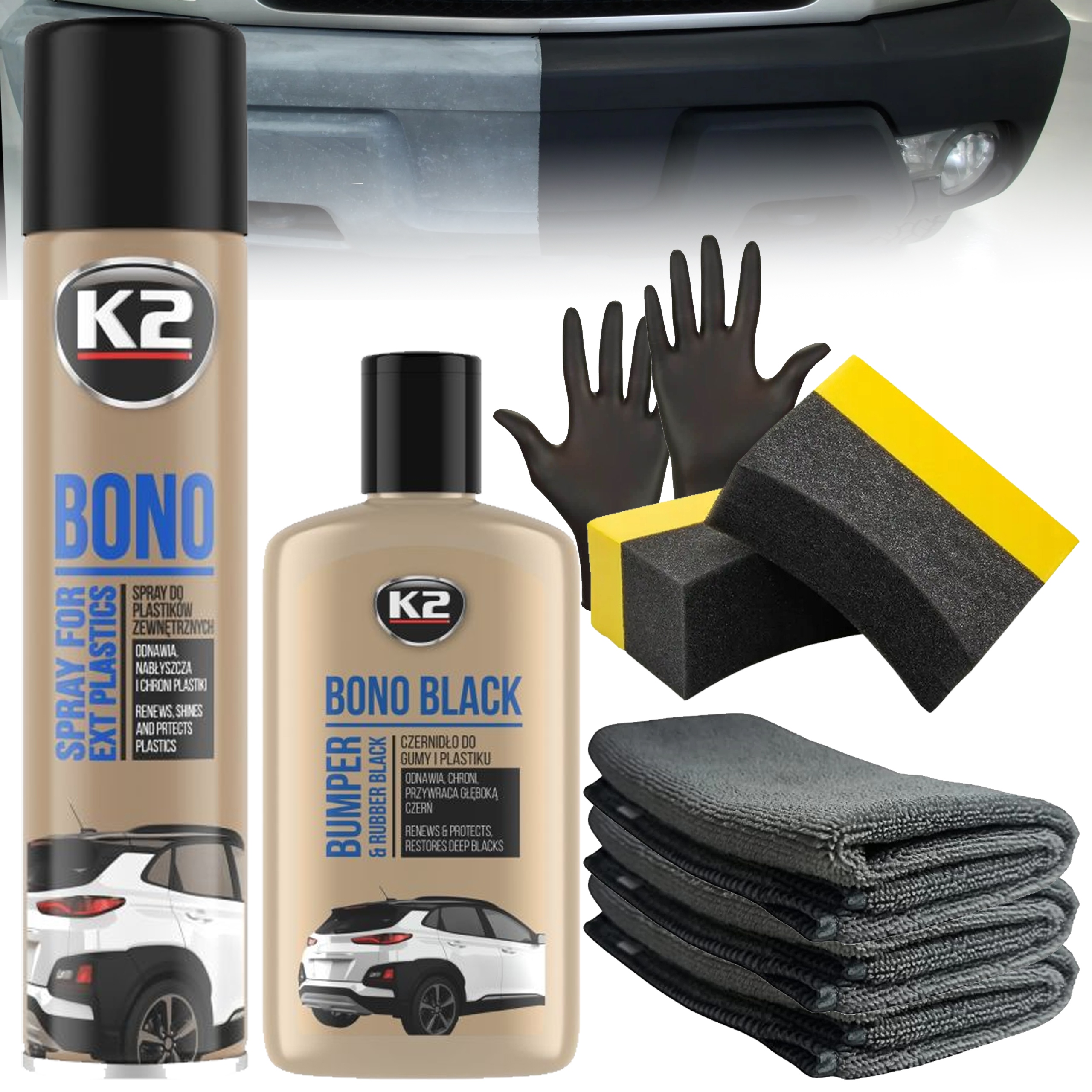K2 Bono Zestaw Czernidło Dressing Do Opon Renowacja Plastików Zderzaków 8W1