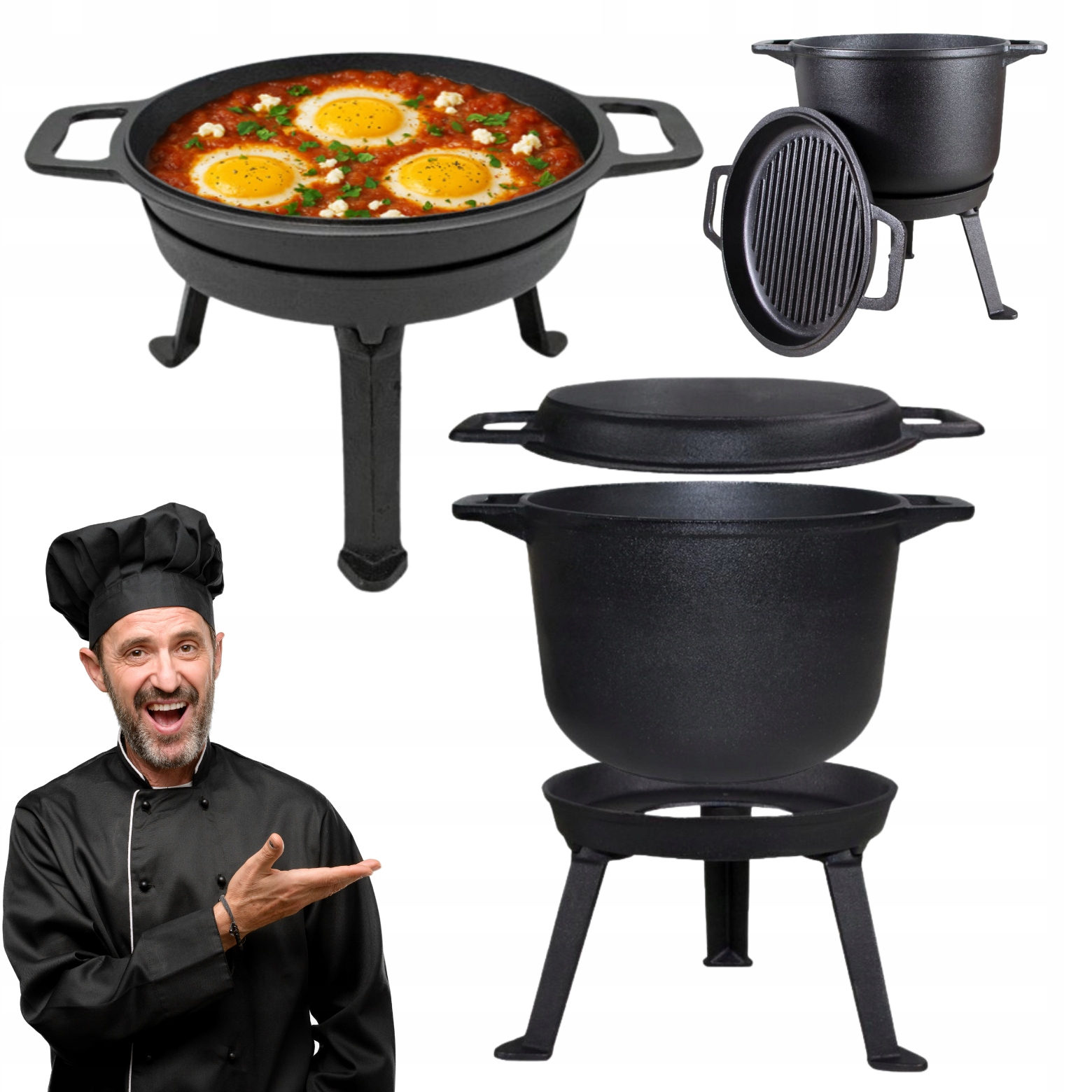 Kociołek Żeliwny 3W1 Garnek Myśliwski 10L Patelnia Stojak