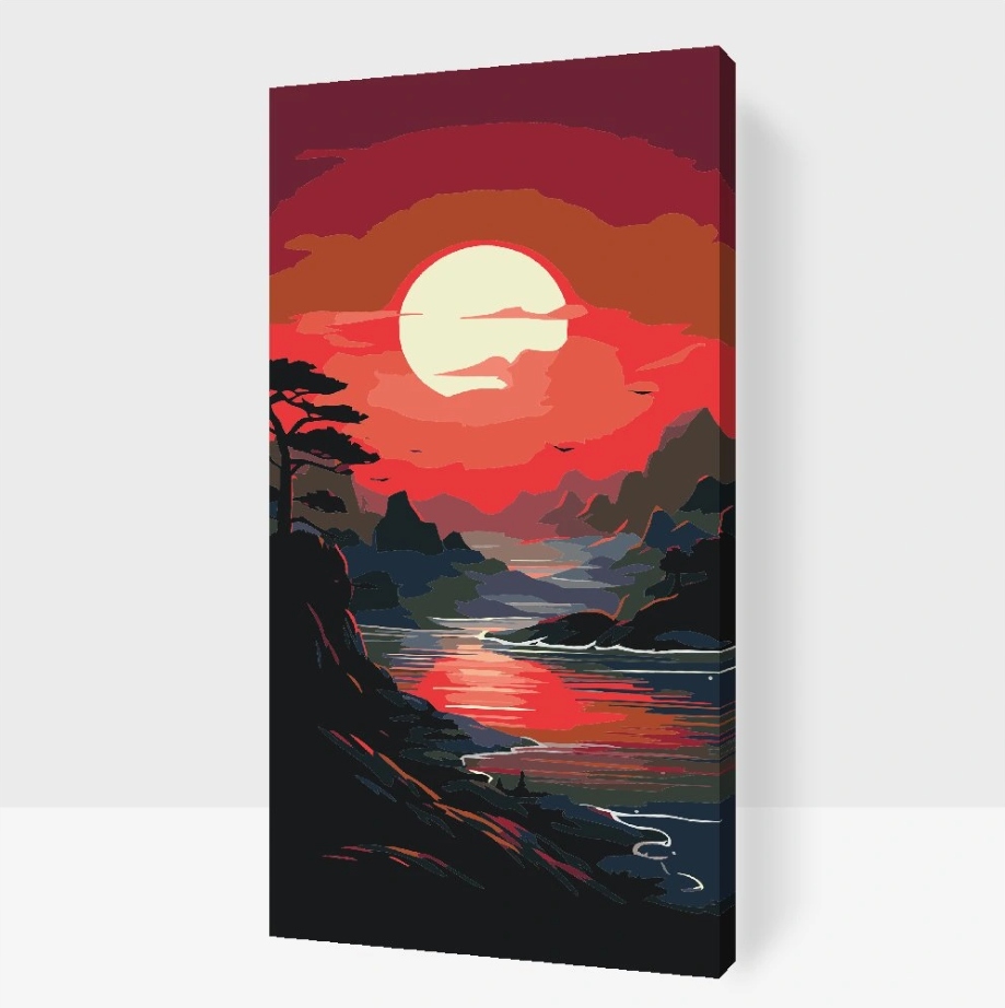 Malování Podle Čísel Pláž Řeka Západ Slunce Hory Les Velký 40x80 cm