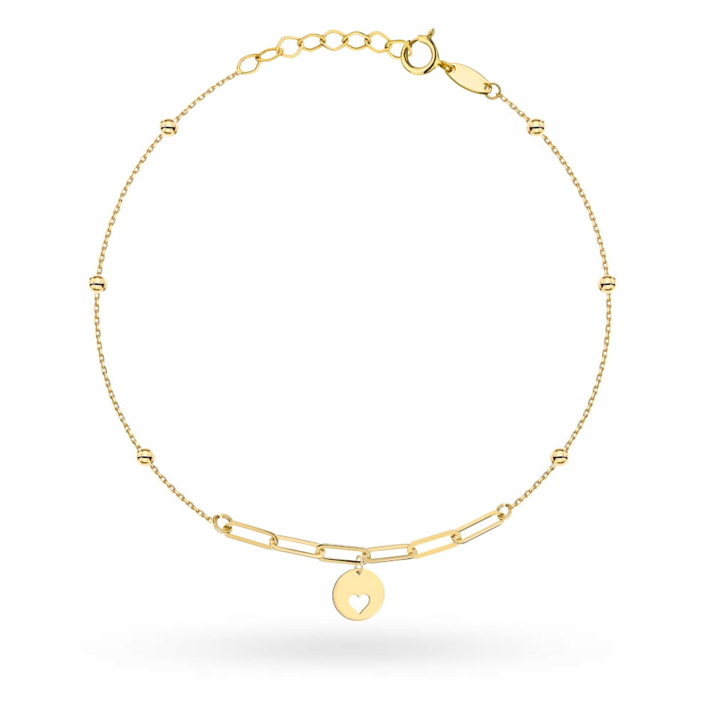 Zlatý náramek 585 s kuličkami, články a závěsným kroužkem se srdcem 14k
