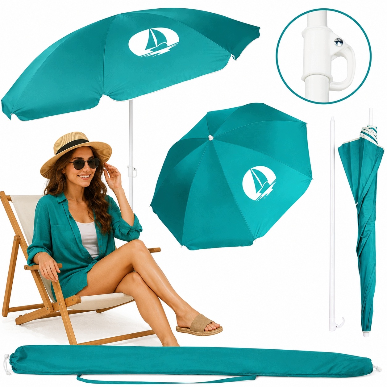 Parasol Plazowy Z Pokrowcem I Filtrem Uv UPF50+ Łamany 160 CM Wytrzymały