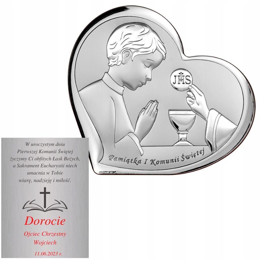 Obrázek Stříbrný První Svaté Přijímání Svátky Srdce 15,5 x 14 cm