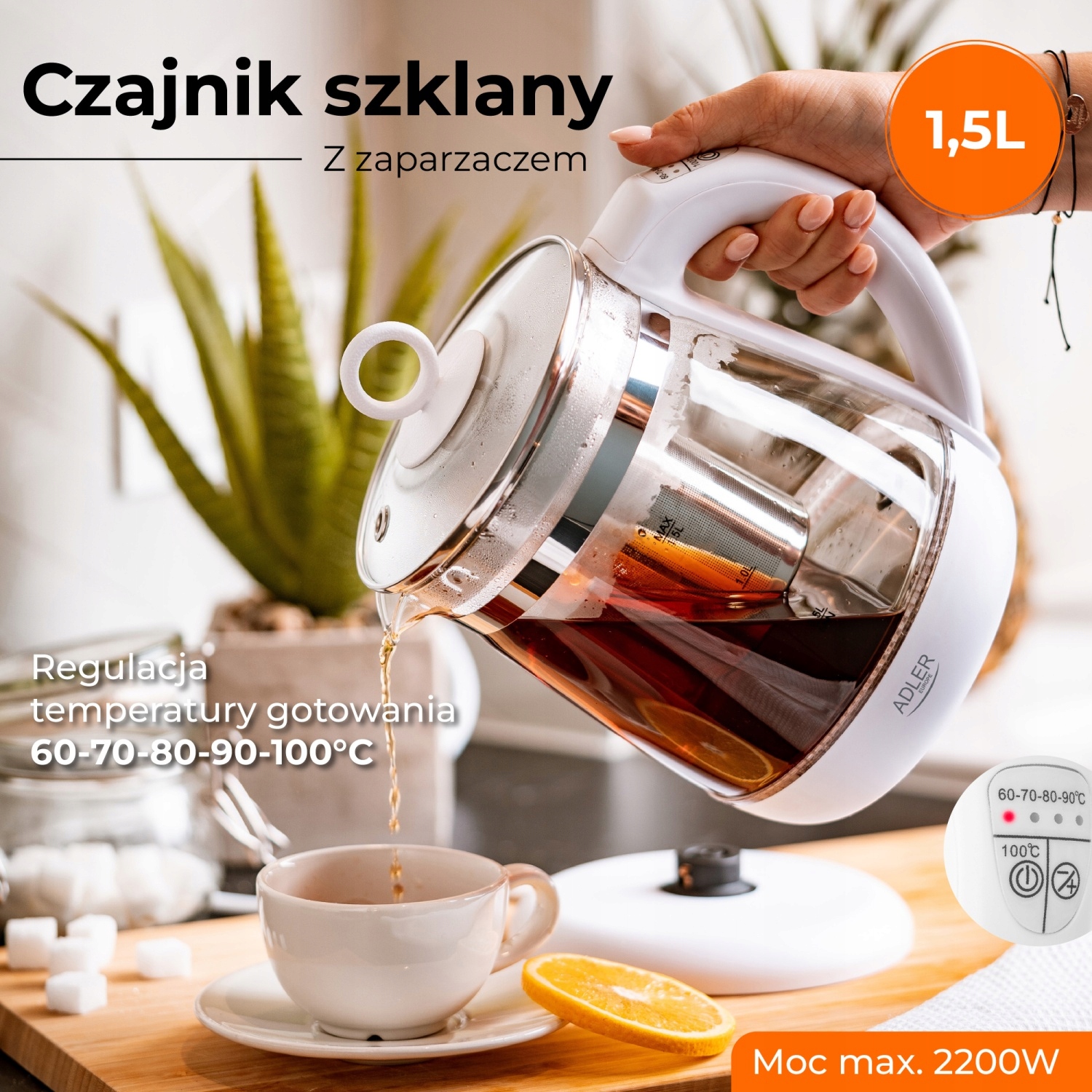 Szklany Czajnik 1,5 L z Zaparzaczem i Regulacją Temperatury AD 1299 White