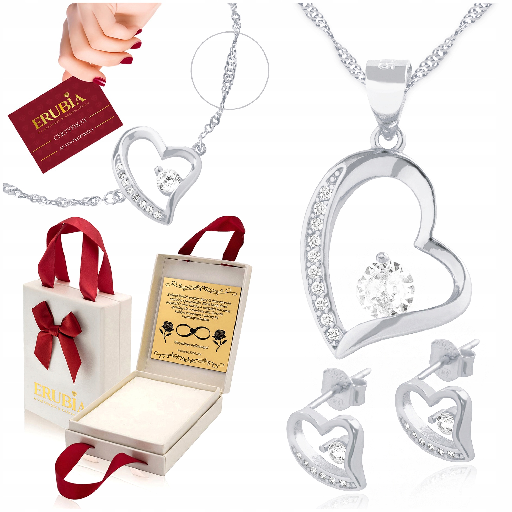 Sada Stříbrných Šperků 925 Srdce, 70 CM, Stylová, Jako Dárek Gravírování