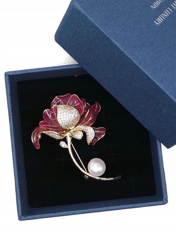 Luxusní Brož Květina Pivoňka Vitráž Zlatá 14K Gp Krabička Jako Dárek