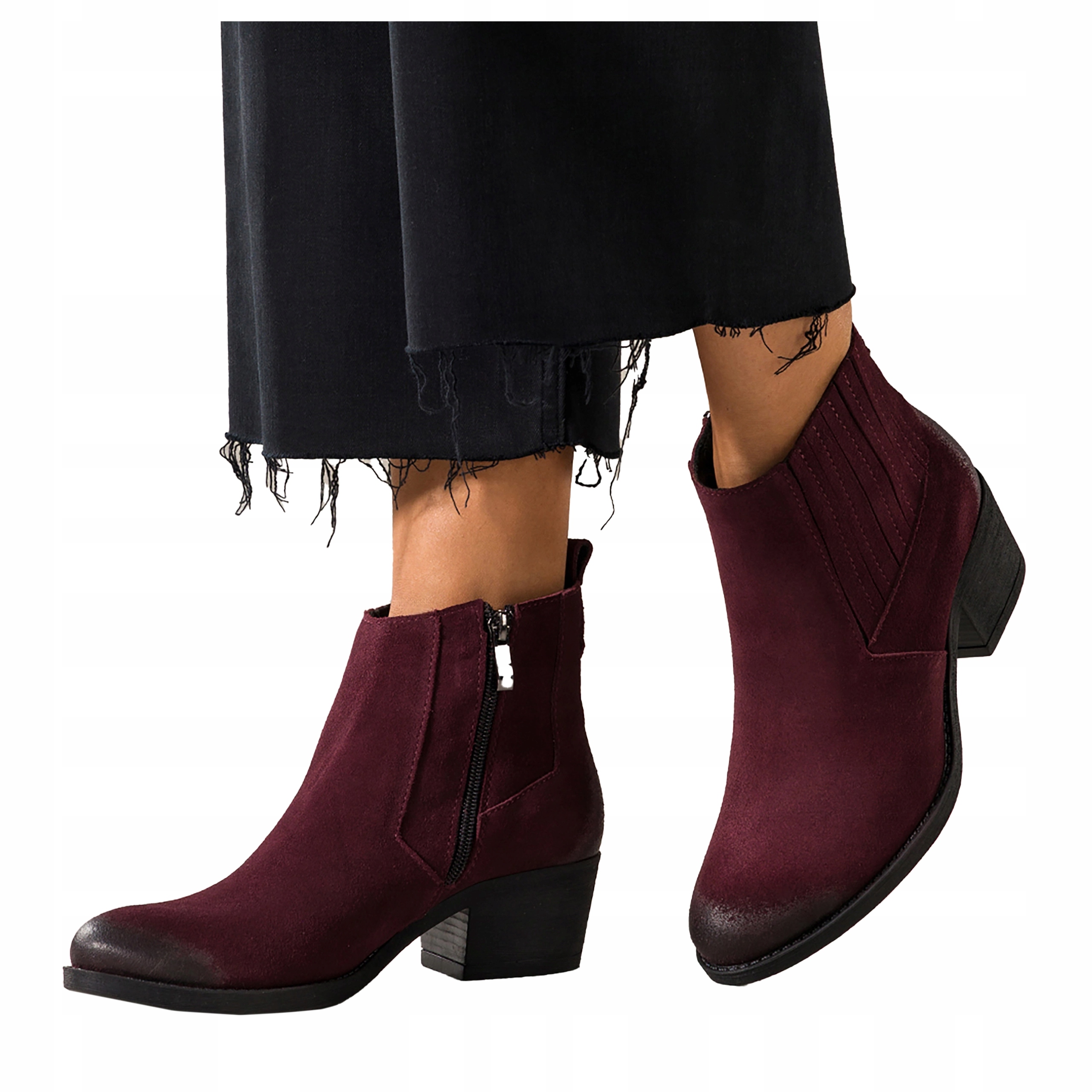 Kotníkové Boty Bordové Kožené Dámské Kovbojské Boty Široký Klocek Pohodlné Módní velikost 41