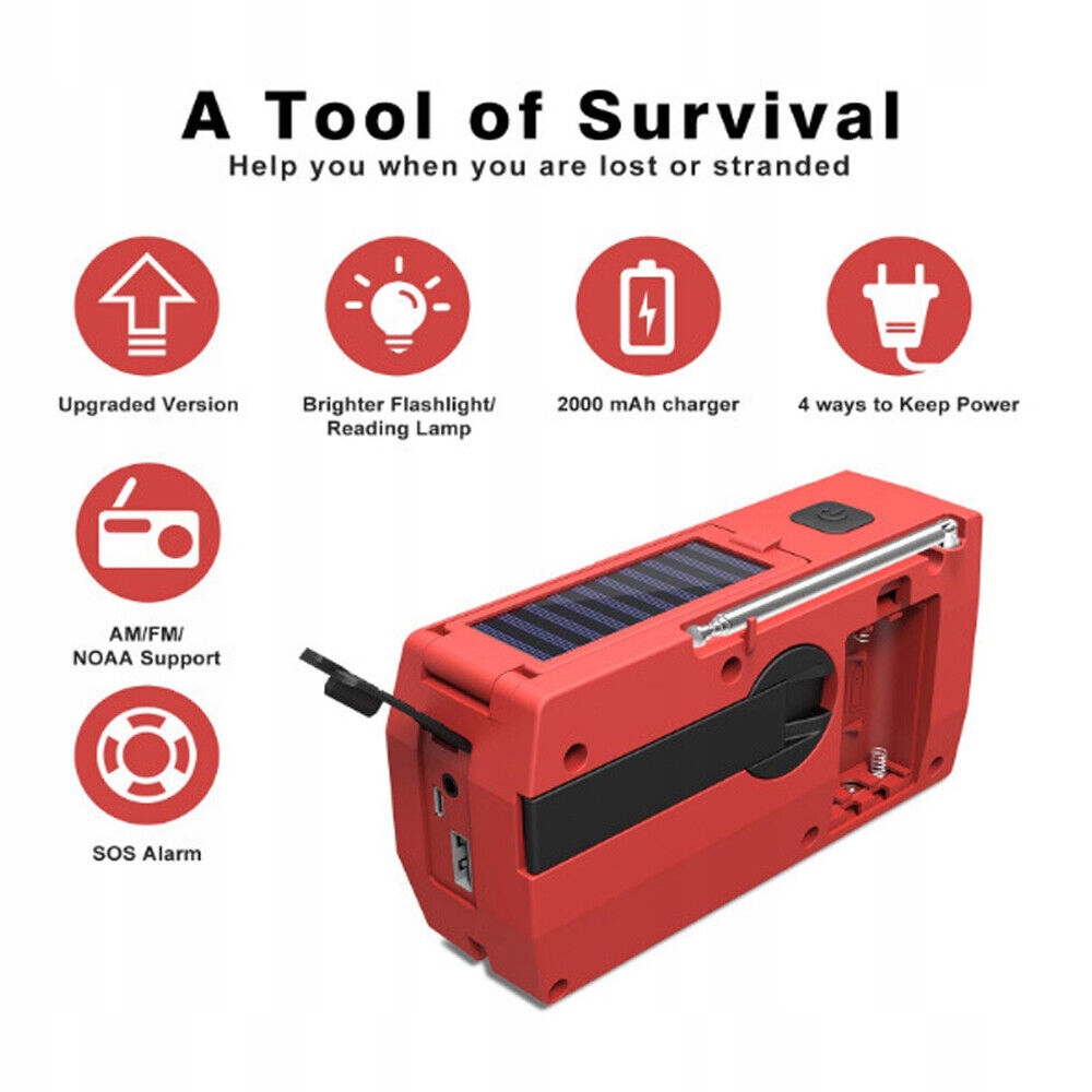 Radio solarne awaryjne AM/FM z ręczną korbką LED i ładowarką USB latarki Kolor czarny
