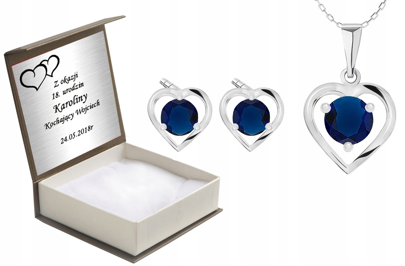 

Komplet Biżuterii Serca Z Cyrkoniami + Grawer