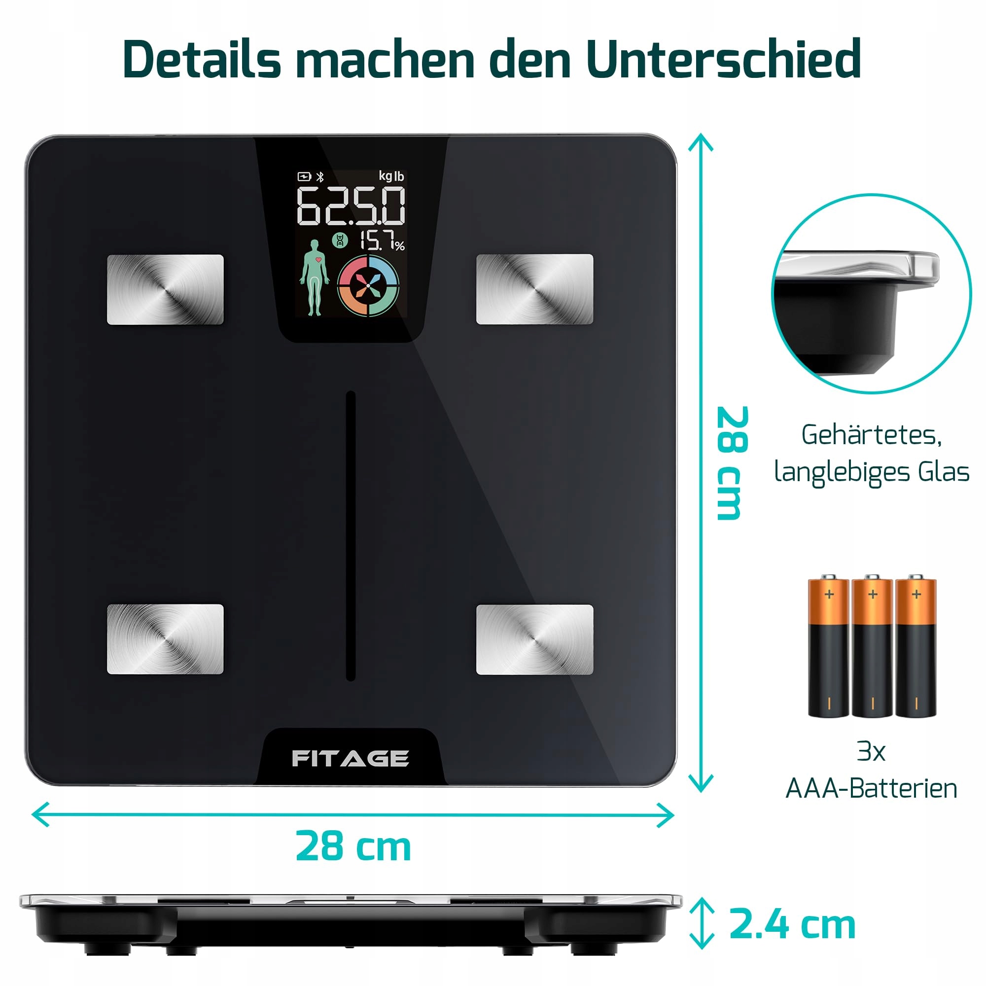 FITAGE Waga Cyfrowa Osobista 180kg Analiza Ciała Aplikacja LCD — miniatura 7