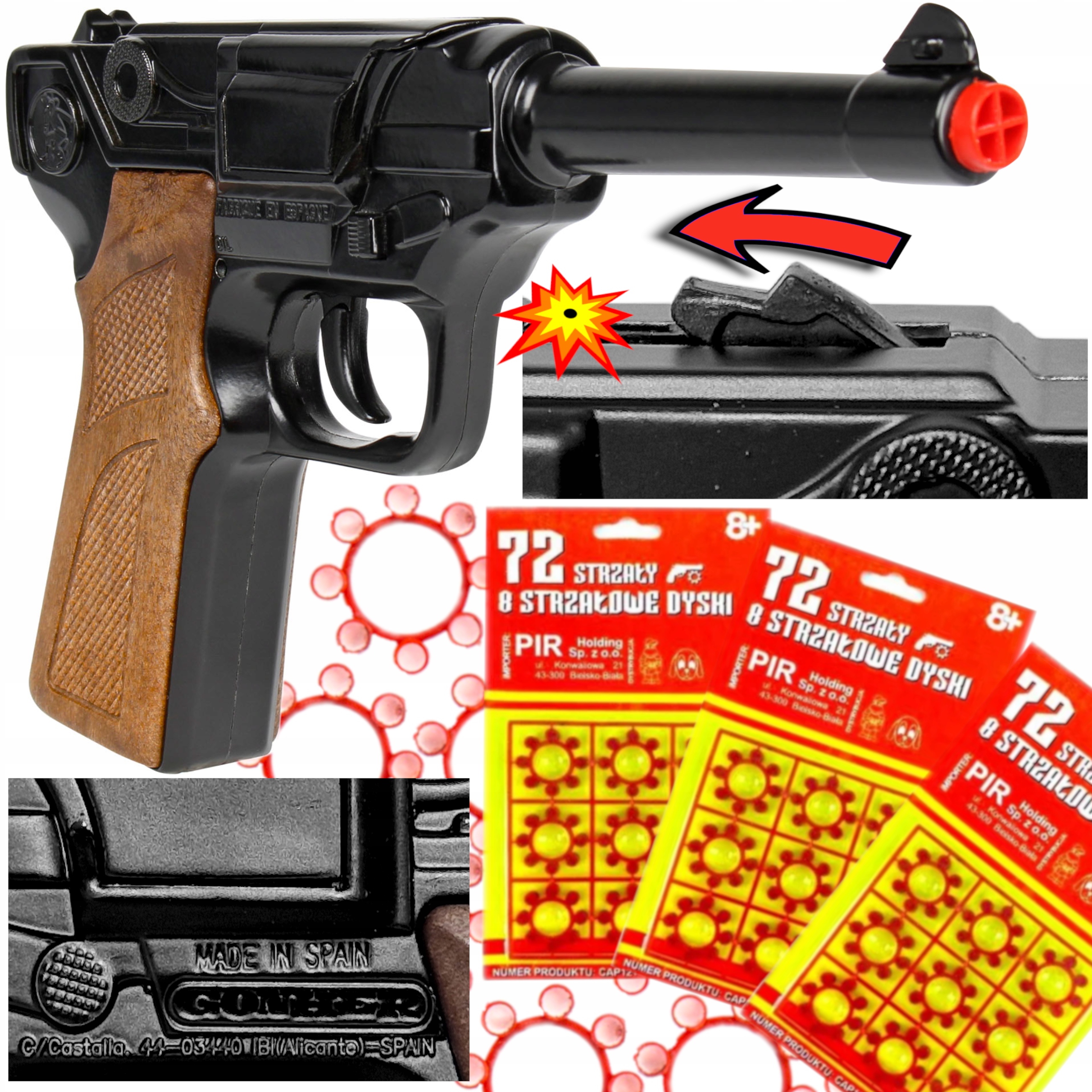 GONHER HISZPAŃSKI METALOWY PISTOLET PARABELLUM LUGER NA KAPISZONY +3SPŁONKA