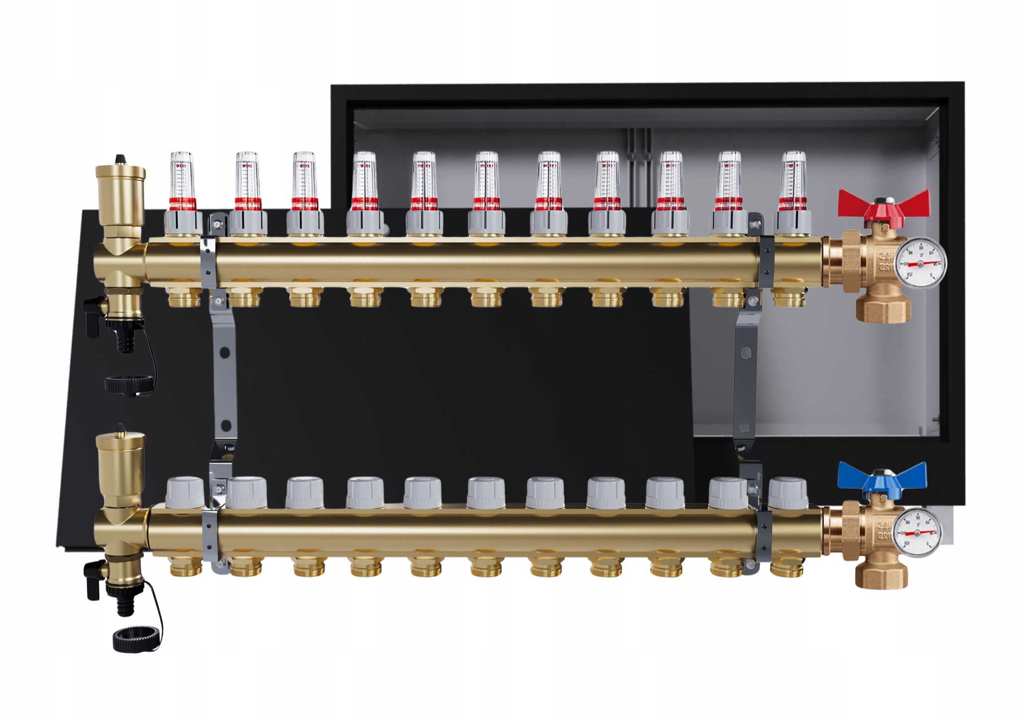 Rozdělovač Pro Podlahovku 11 Okruhů S Podomítkovou Skříní, Černý Ventily