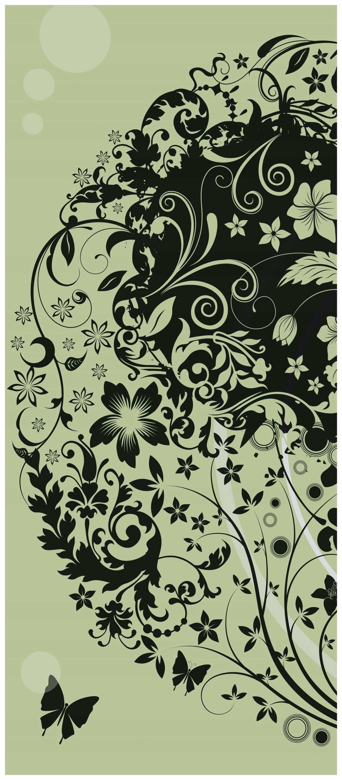 Samolepka Fototapeta Květiny motýli černé vzory na zeleném pozadí 91x211
