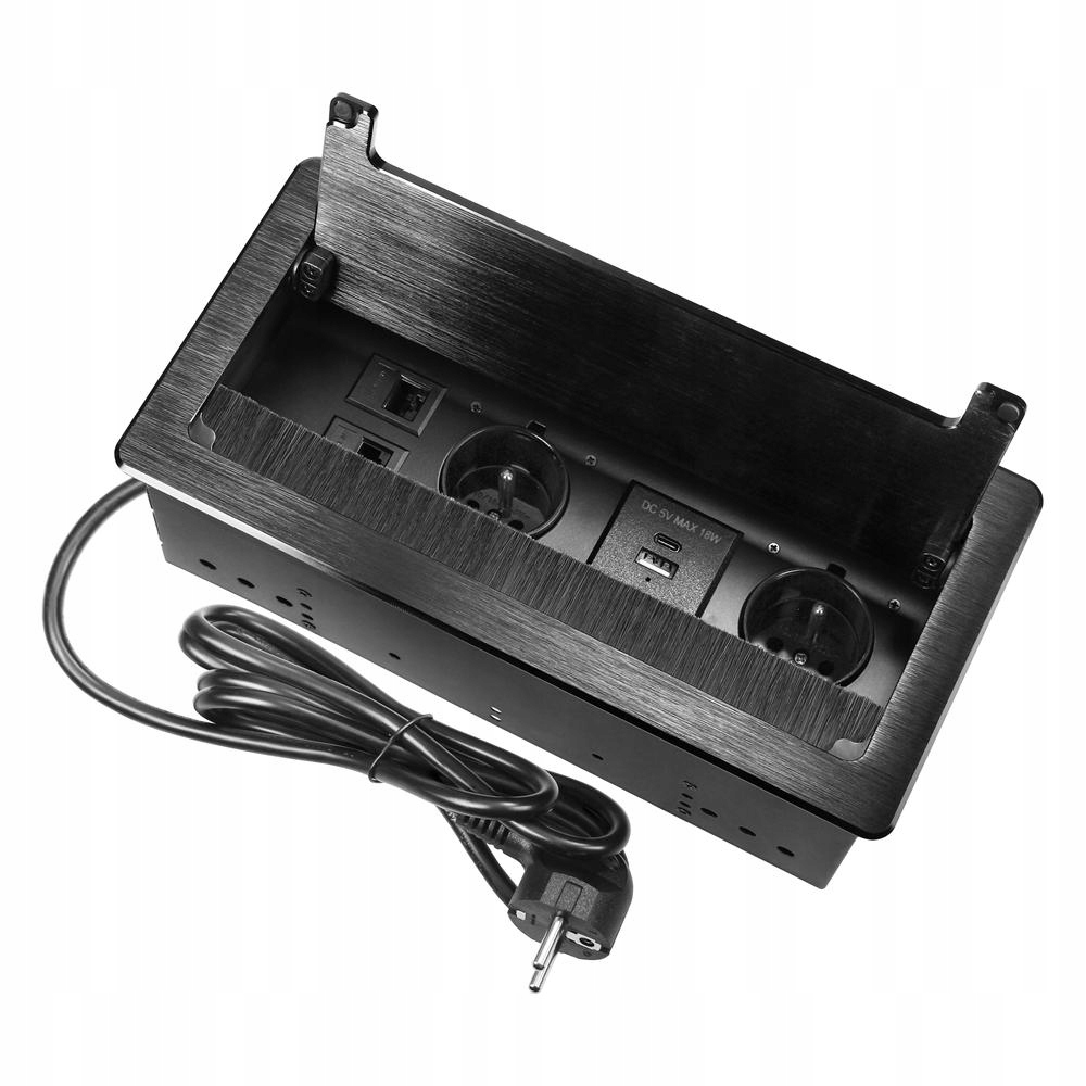 Zásuvka zapuštěná do pracovní desky, 1,5 m, 2x2P+Z (French), 2xUSB, 2xNET, černá