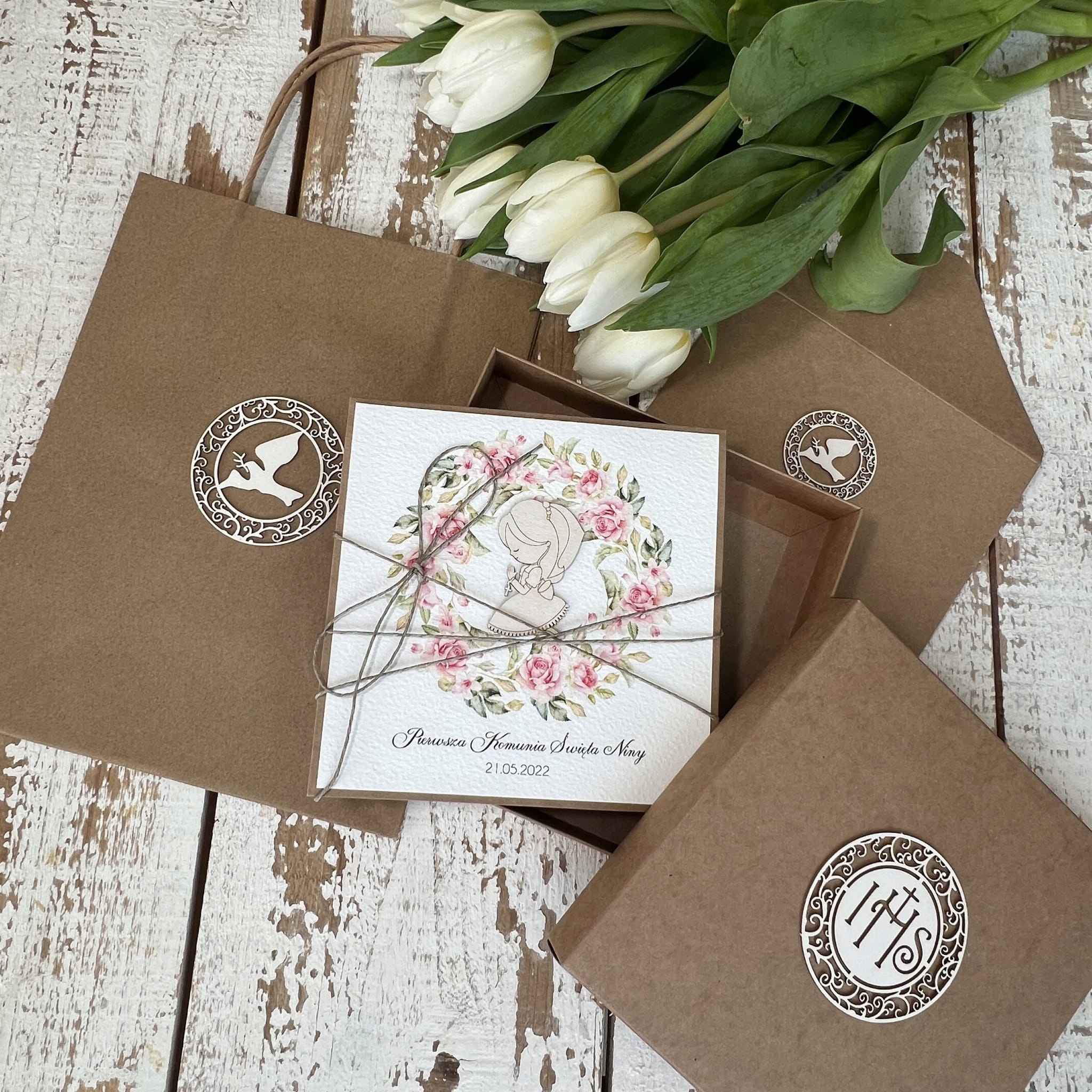 Společenská pohlednice na svaté přijímání se jménem kmotry