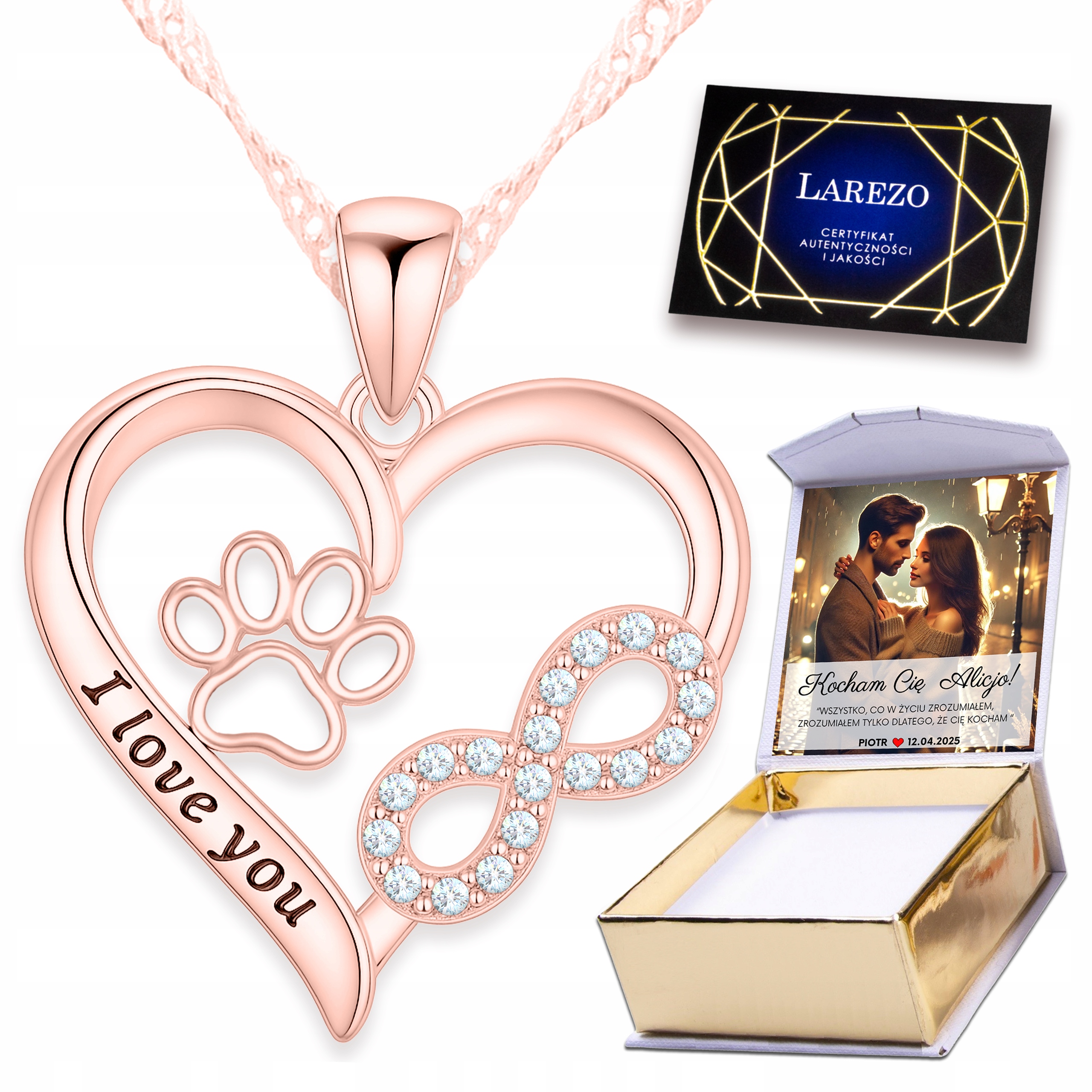 Náhrdelník Pozlacený 925 Nekonečno s krystaly Srdce Tlapka Psa Potisk