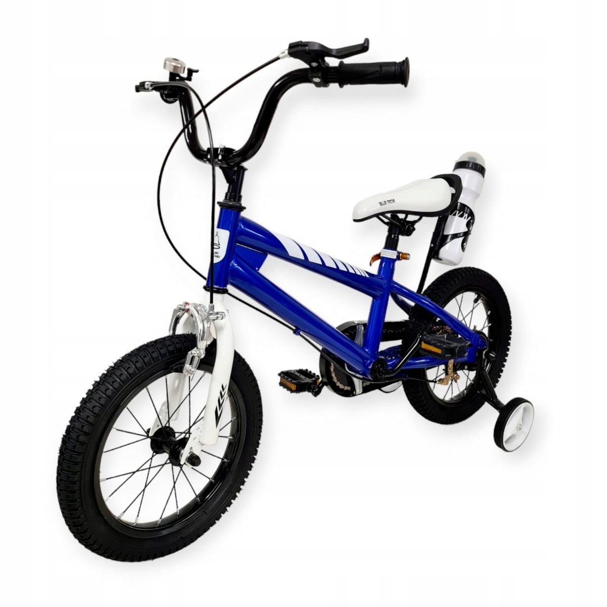 Rowerek rower dziecięcy 14 cali boczne koła łańcuch bidon dzwonek niebieski