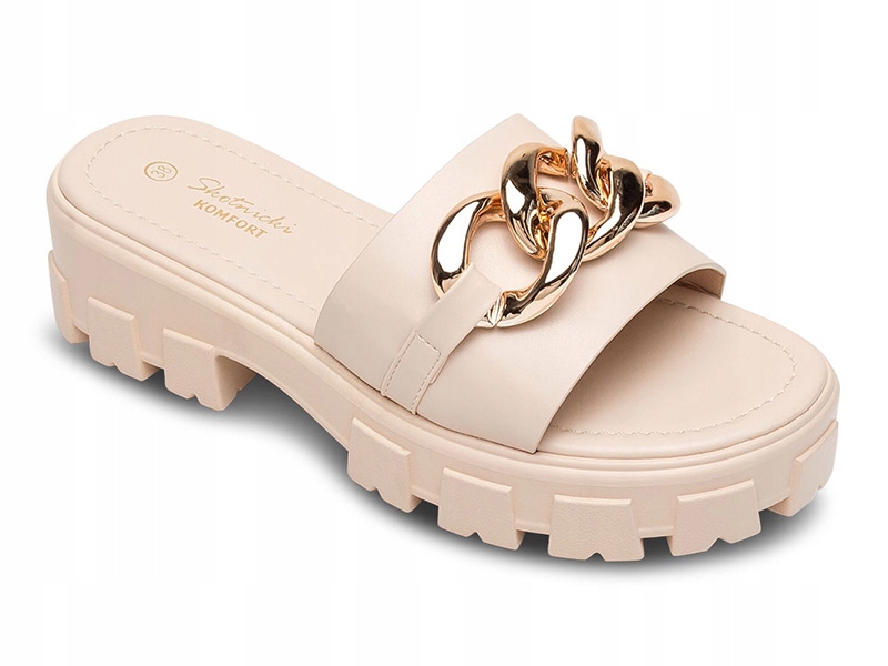 

Klapki na platformie ze złotym łańcuchem Beżowe 40