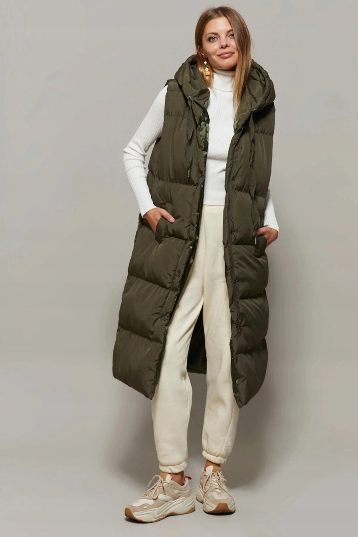 Dlouhá Prošívaná Vesta S Kapucí Khaki Polyester M 5GA