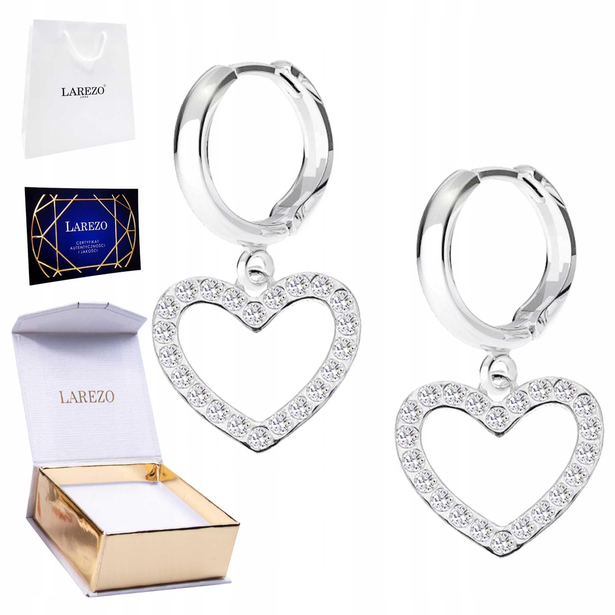 Krásné Náušnice Srdíčka s krystaly Zirkonů Lesklé Zirkony Stříbro 925