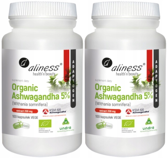 Aliness Organic Ashwagandha 5% KSM-66 200mg Stres Pamięć 2x100 kapsułek