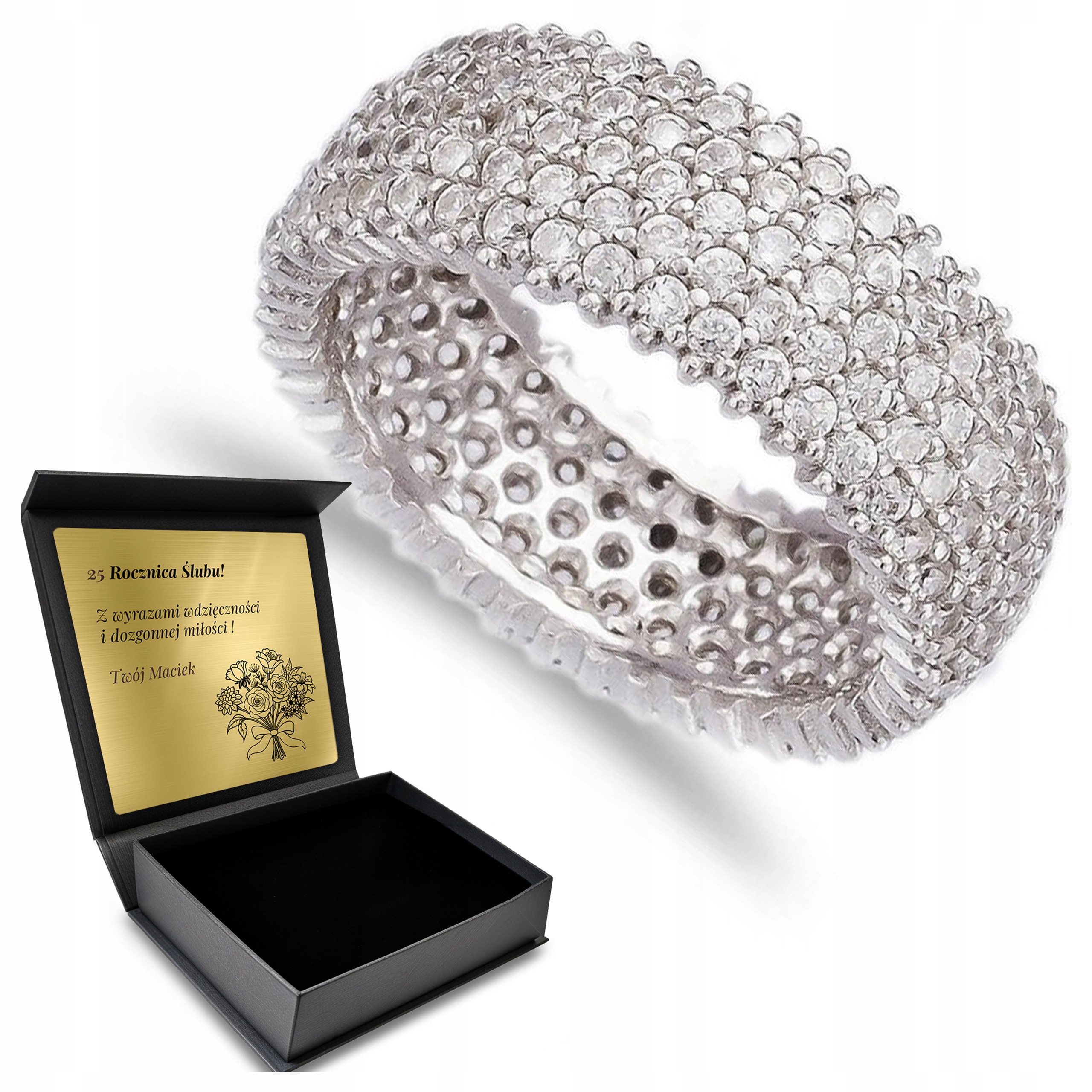 Prsten Prstýnek Stříbrný Zirkony Šperky pro ženy Gravírování Bonus