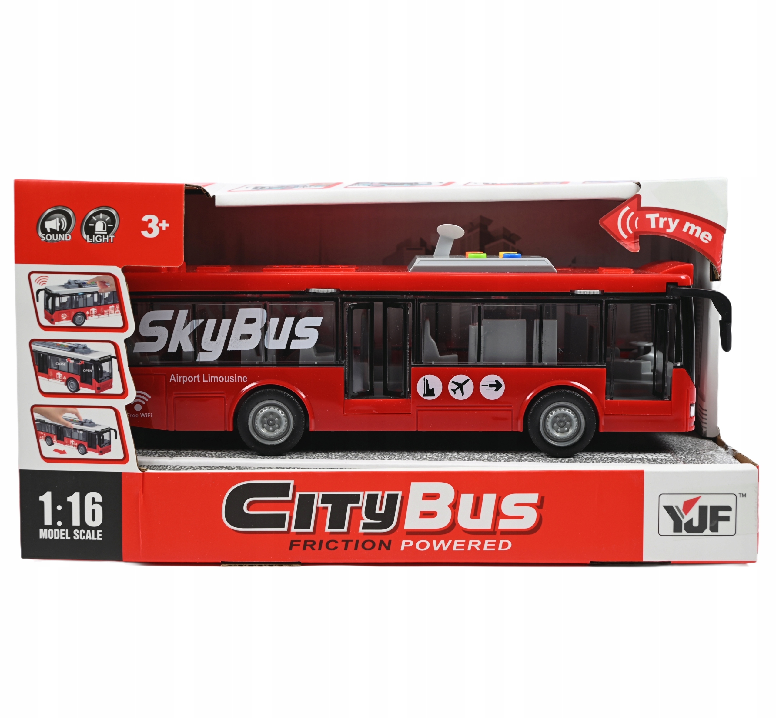 CZERWONY AUTOBUS LOTNISKO AIRPORT BUS ŚWIATŁO DŹWIĘK OTWIERANE DRZWI