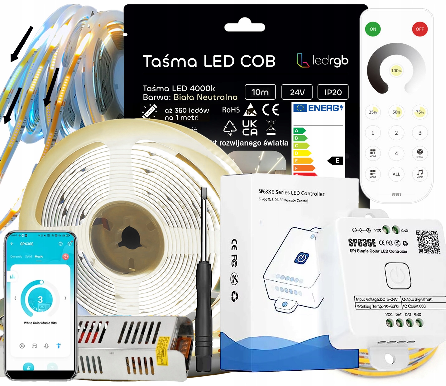 Set Led Pásek 10 m (2x5) Bílý 4000K Napájecí Zdroj Plovoucí Zónová Apka 24V