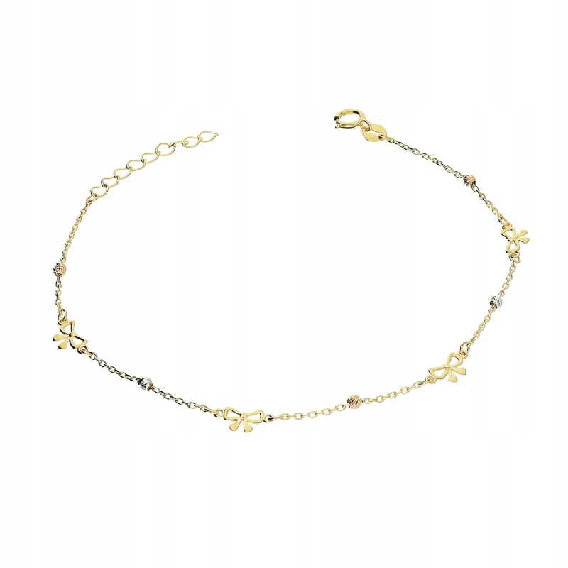 Zlatý náramek 585 s mašličkami a gravírovanými kuličkami, tříbarevný 14k