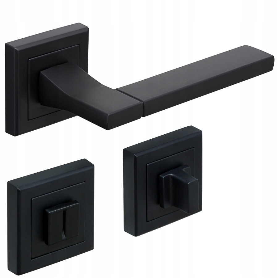 KLAMKA CZARNY MAT DRZWI ZE WSPOMAGANIEM SPRĘŻYNOWYM + rozety do łazienki WC