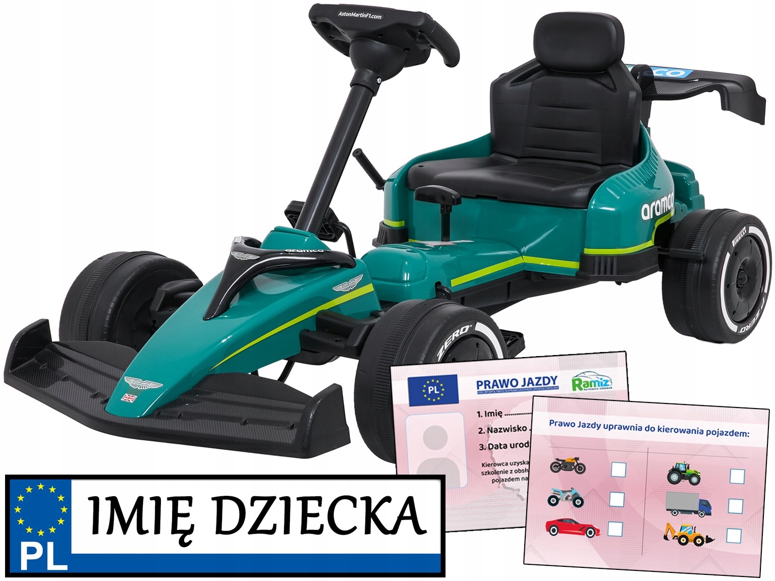 gokart na pedały Aston Martin sportowy jeździk Bolid F1 piankowe koła