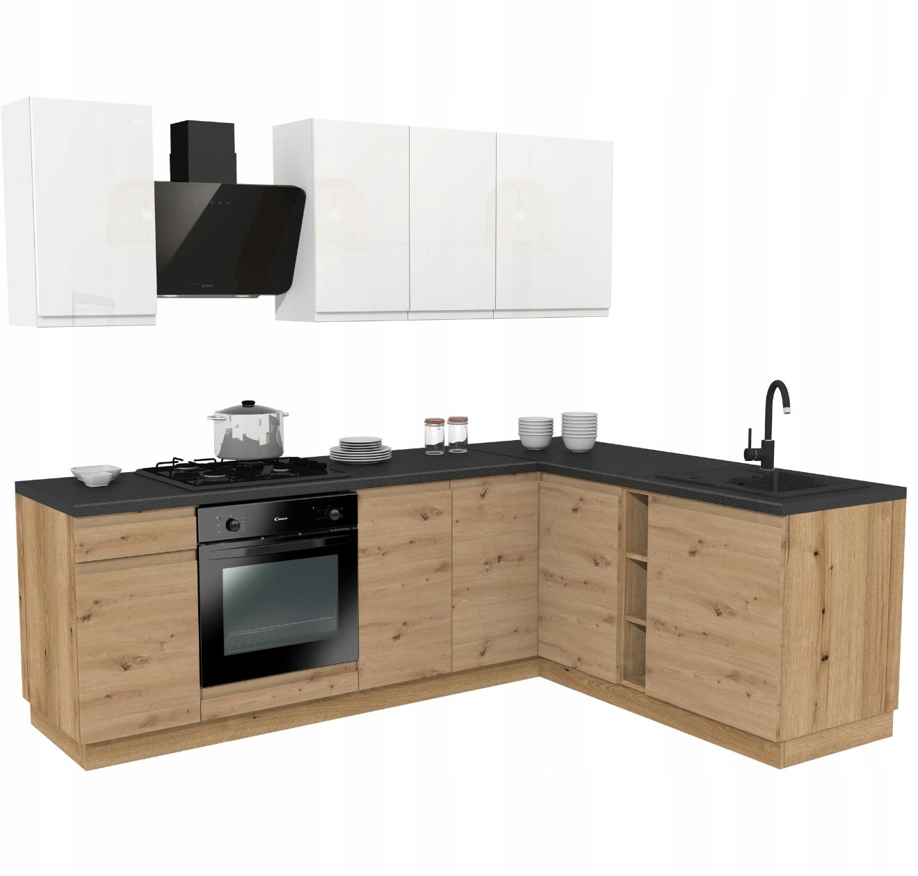 Rohová kuchyňská sada Lugo 240/180 Dub Artisan a bílý lesk s pracovní deskou