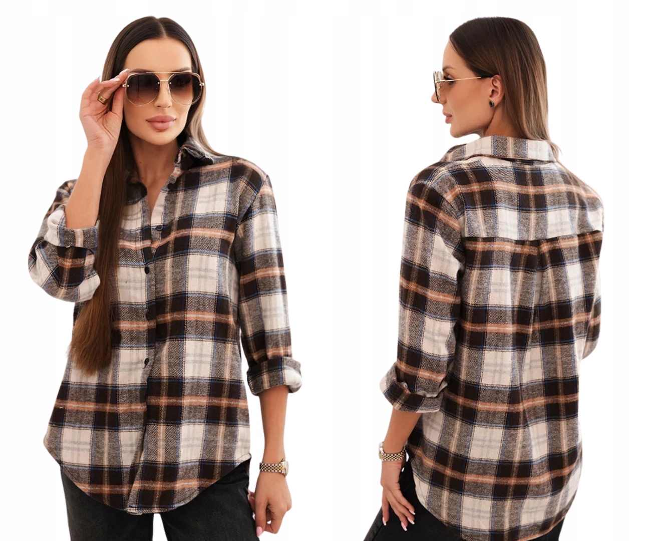 Hnědá béžová dámská kostkovaná bavlněná košile s delší zadní částí