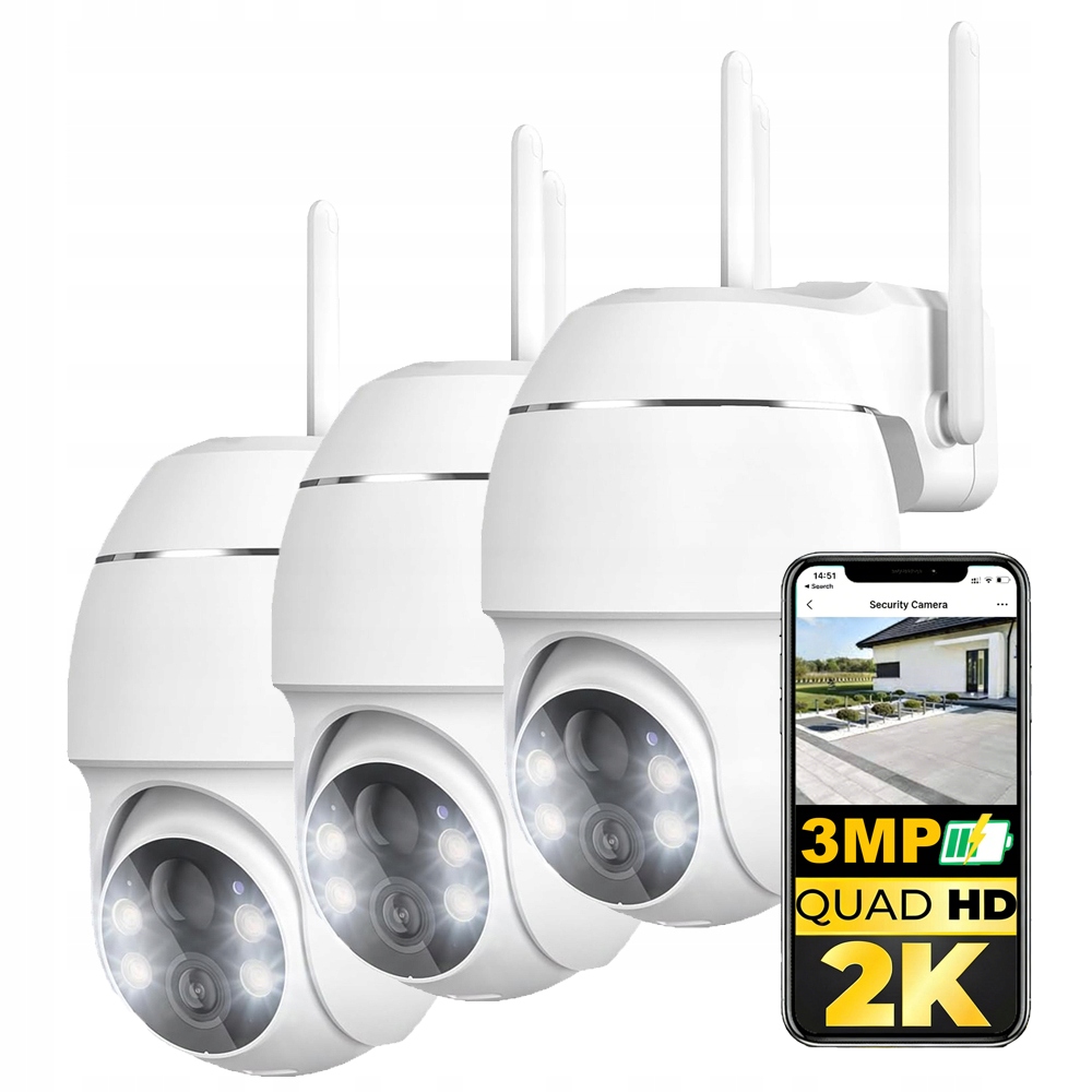 3 kusy Venkovní Otočná Bezdrátová Kamera Ip Wifi 2K 3MPx Baterie