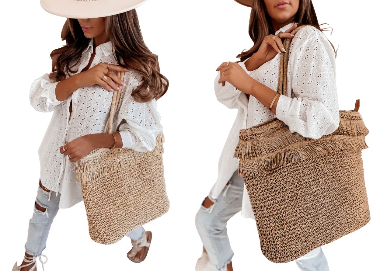 TORBA PLECIONA TOREBKA KOSZYK Z FRĘDZLAMI SHOPPER Wysokość 49 cm