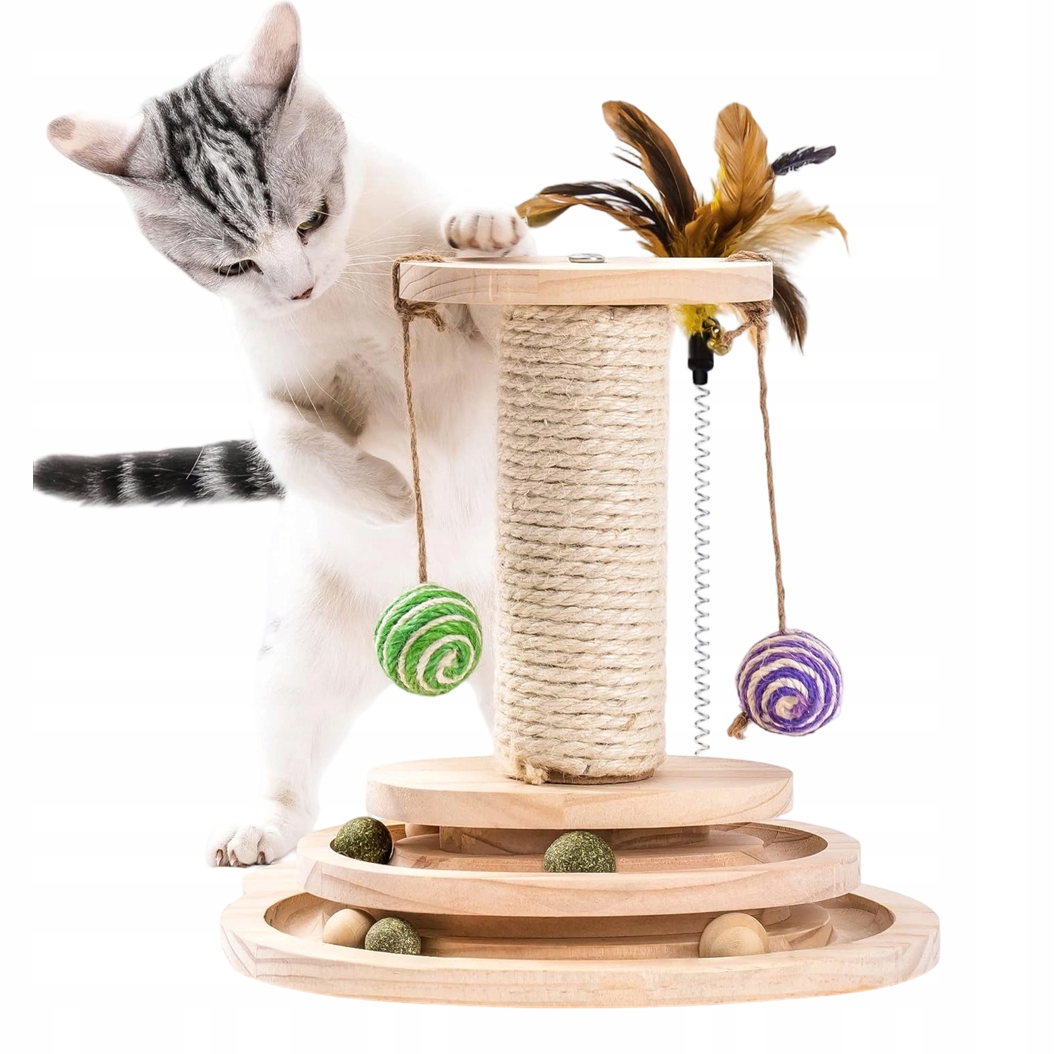 Levně Dřevěná Hračka Pro Kočky Škrabadlo Pro Kočky 3 Vrstvy 10 Míčků Z Peří