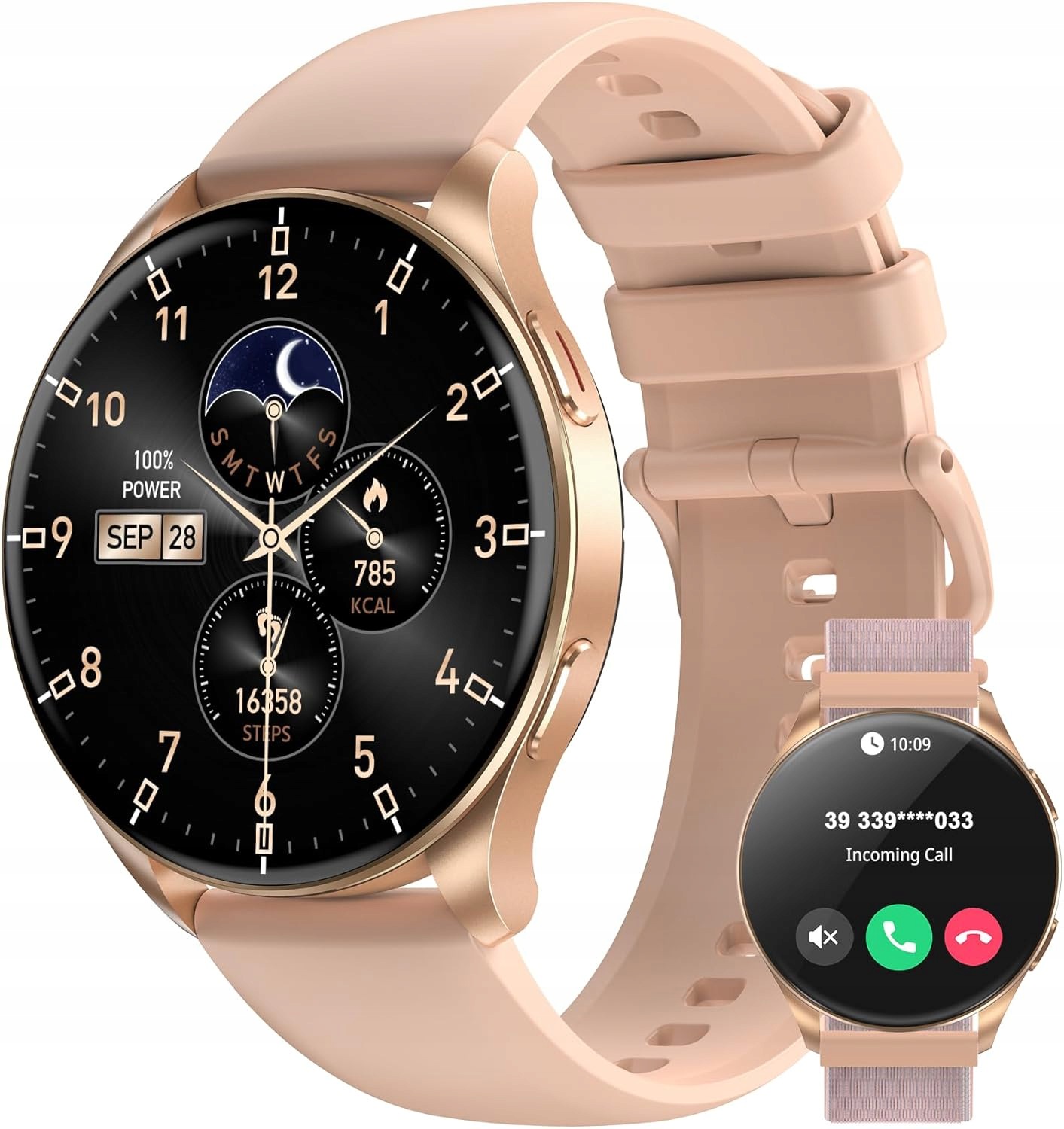 Dámské Chytré Hodinky 1.43" Amoled Zlaté Vodotěsné Volání Sms Sport 2 Řemínky