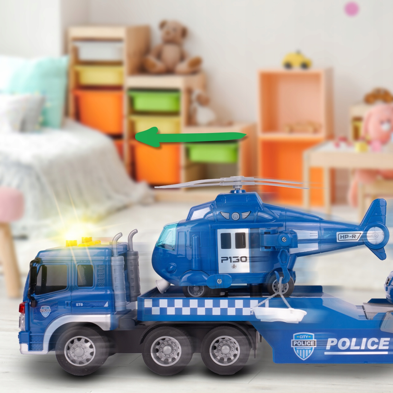 LAWETA POLICYJNA 1:16 ŚWIATŁO DŹWIĘK RUCHOME ELEMENTY HELIKOPTER AUTO Materiał karton papier