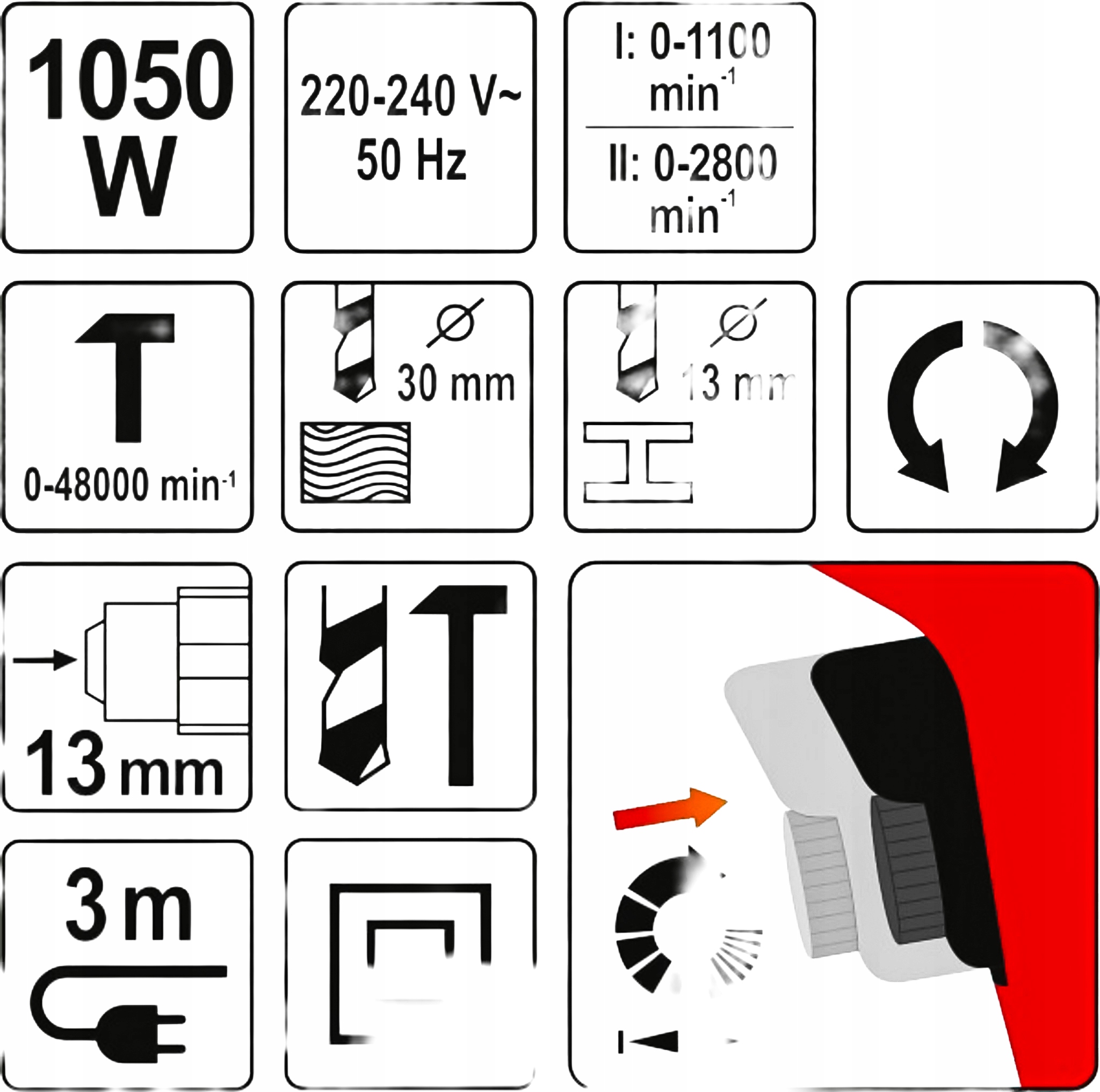 Příklepová vrtačka 1050 W 230 V 2-rychlostní Yato YT-82044
