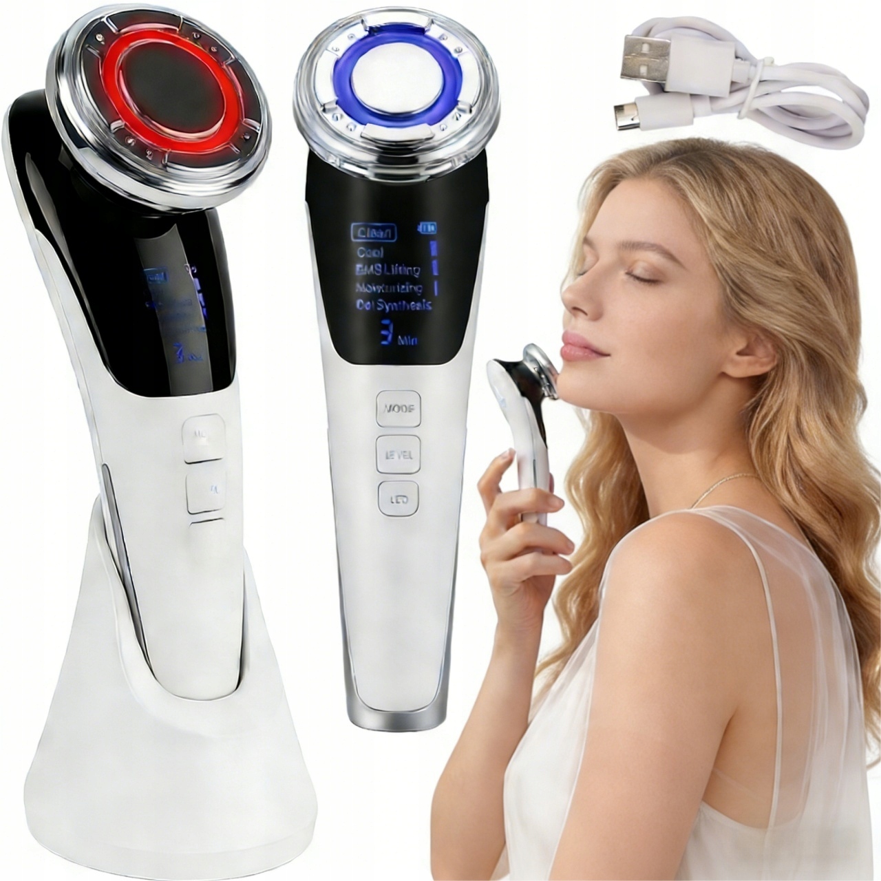 Masażer do twarzy Rf Ems Ultradźwięki Foton Krioterapia Mezoterapia 7w1 10W